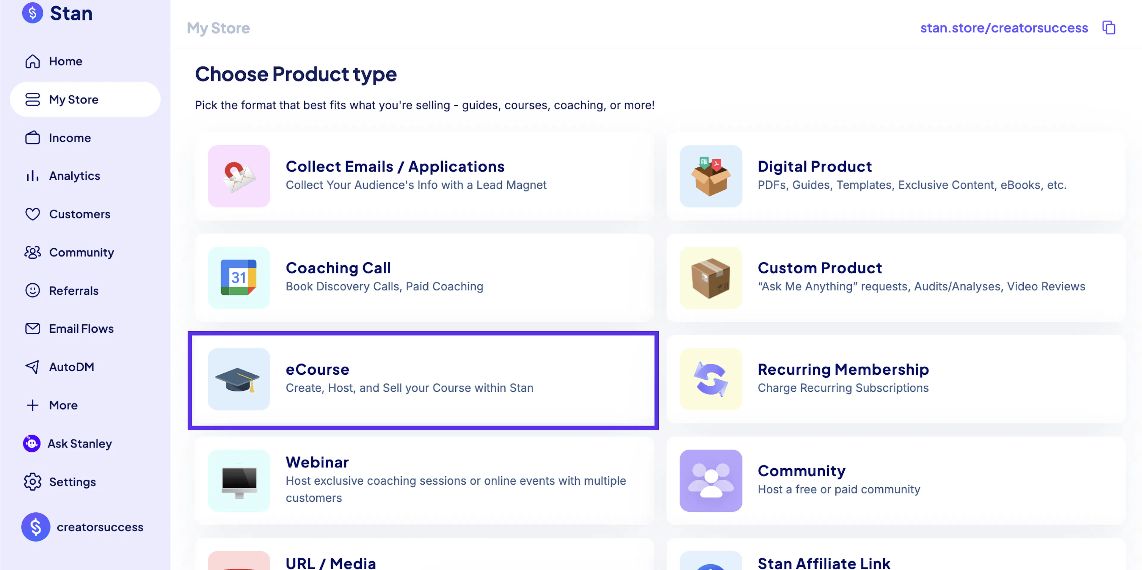 Stan's course builder, showing a course organized into modules with lessons listed beneath each module.