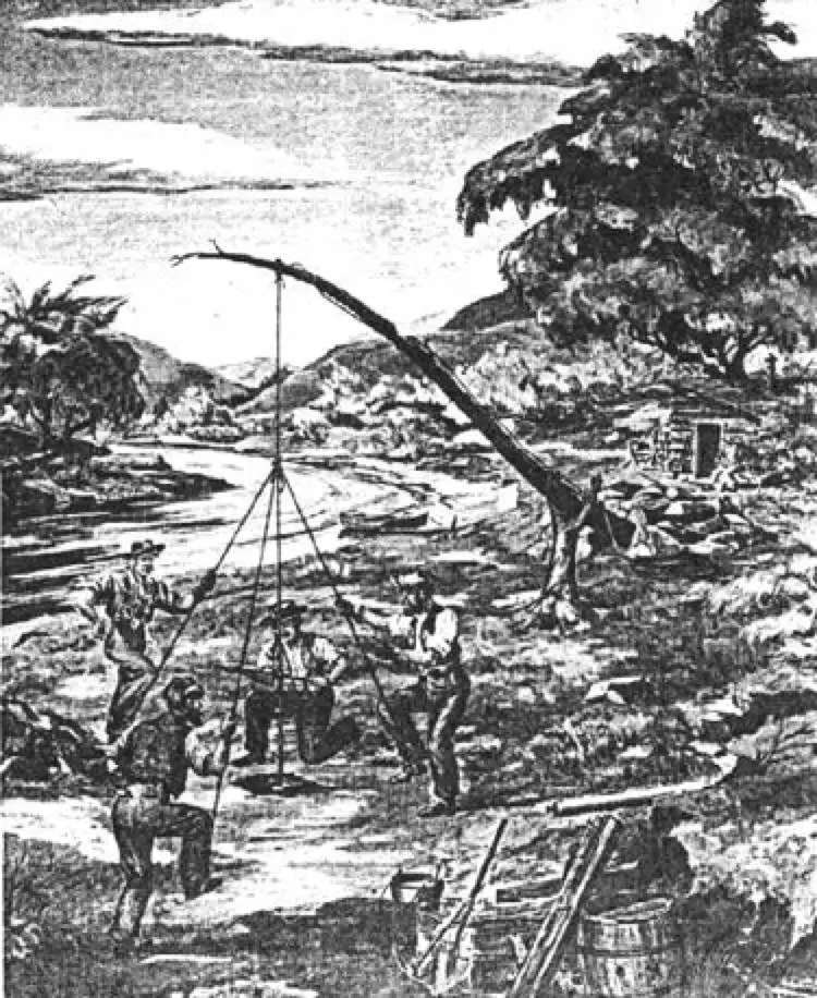 Engraving of early spring-pole drilling, workers flexing a bent sapling to drive a drill bit at a wooded riverbank