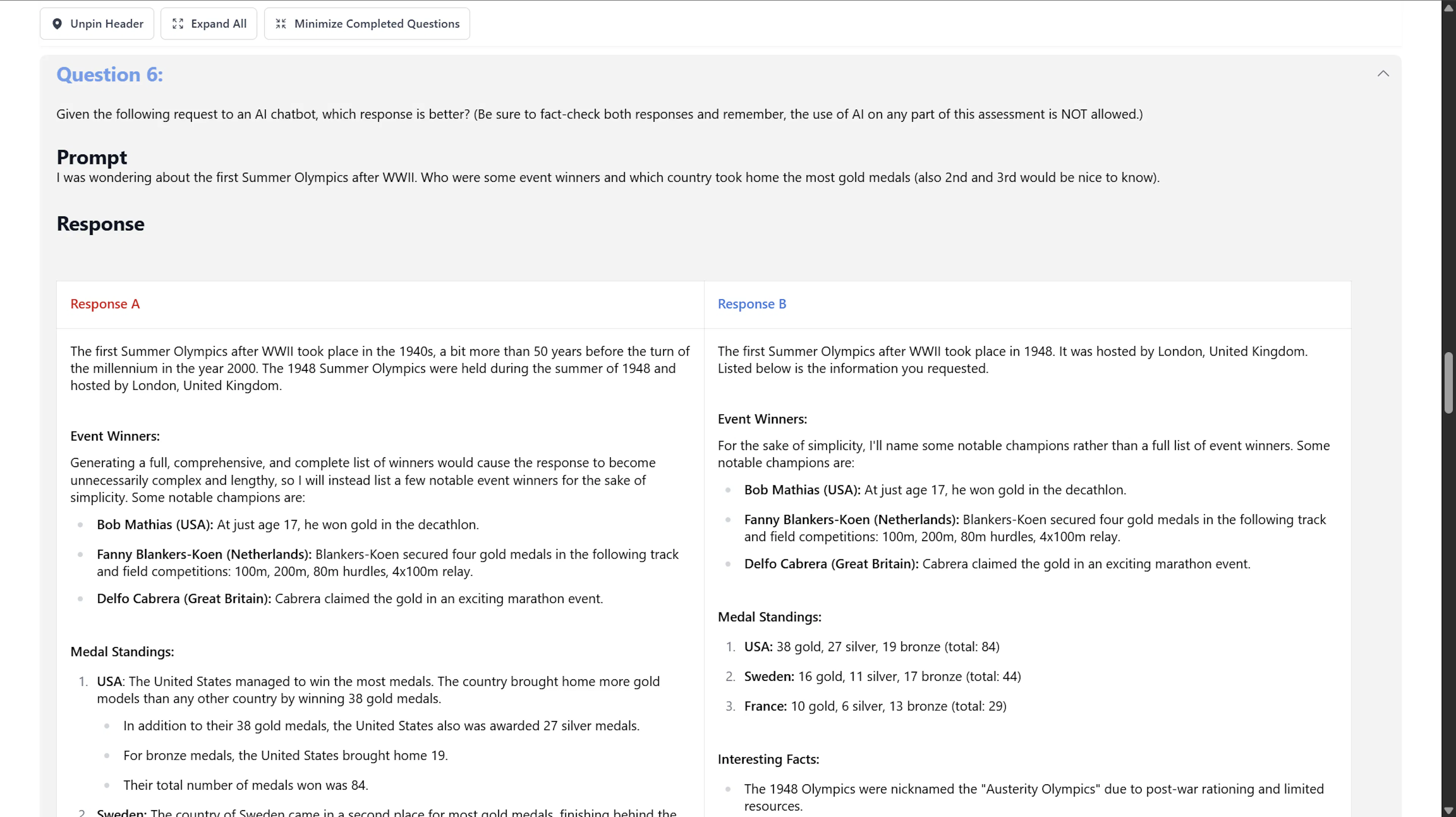 A Data Annotation assessment question asking the annotator to compare two AI chatbot responses to the same prompt and judge which one is better