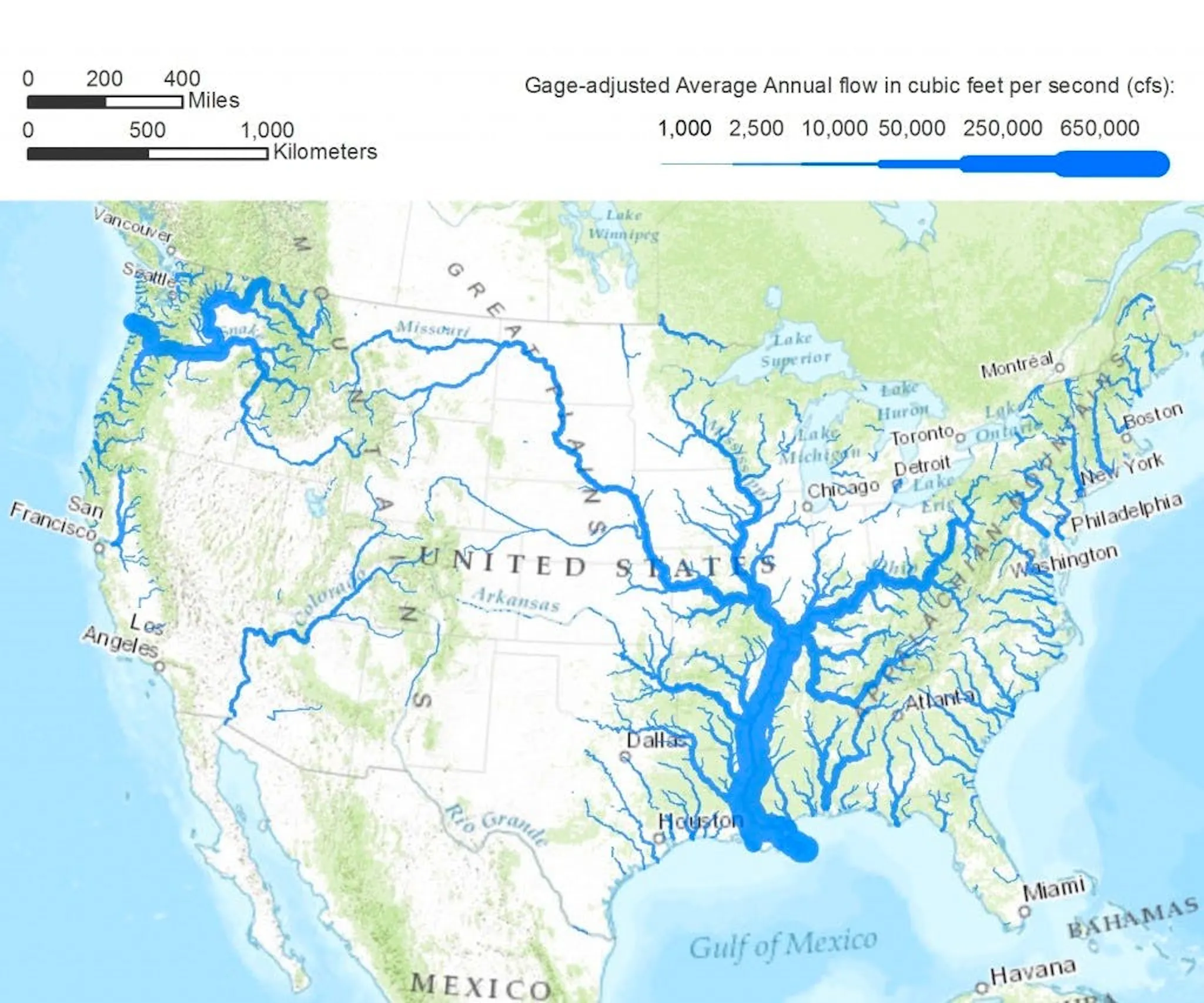 Map of average annual river flow across the United States, line weight scaled to volume with the Mississippi dominant