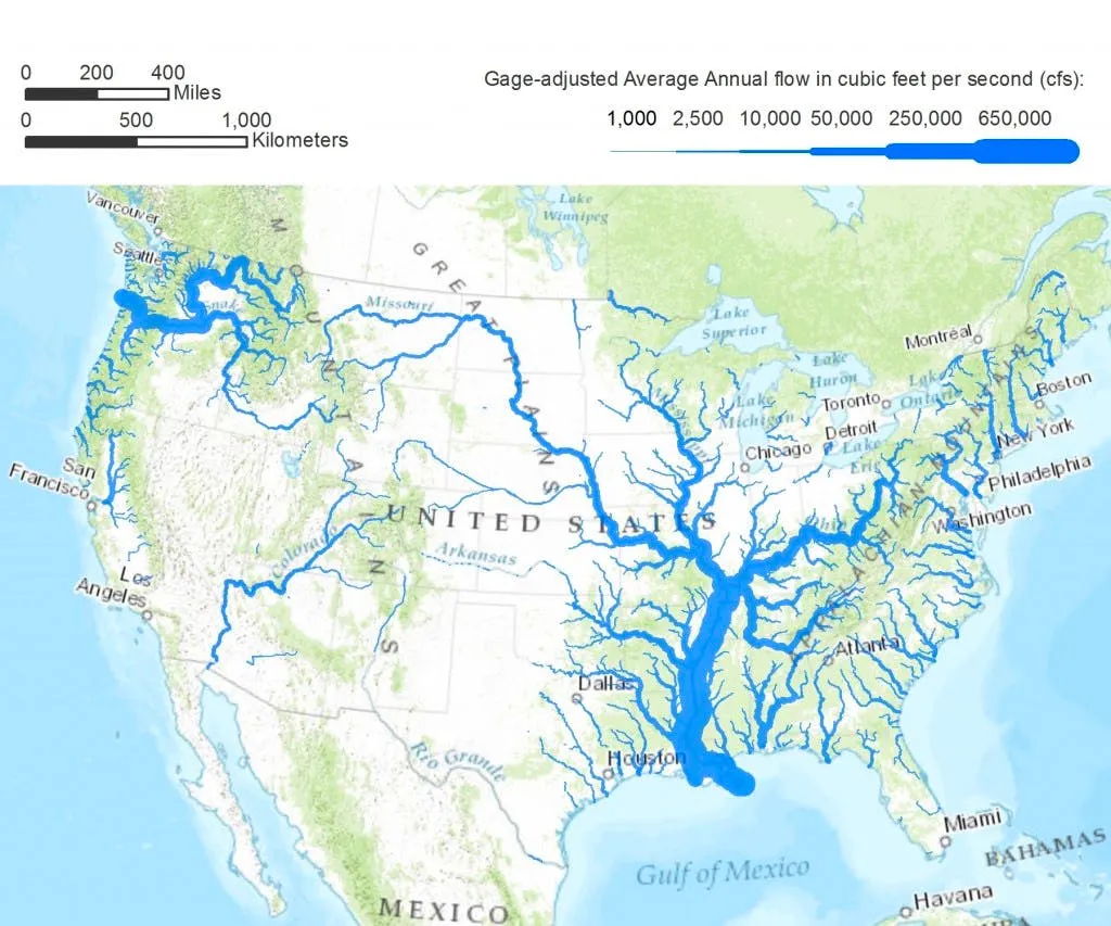 Map of average annual river flow across the United States, line weight scaled to volume with the Mississippi dominant