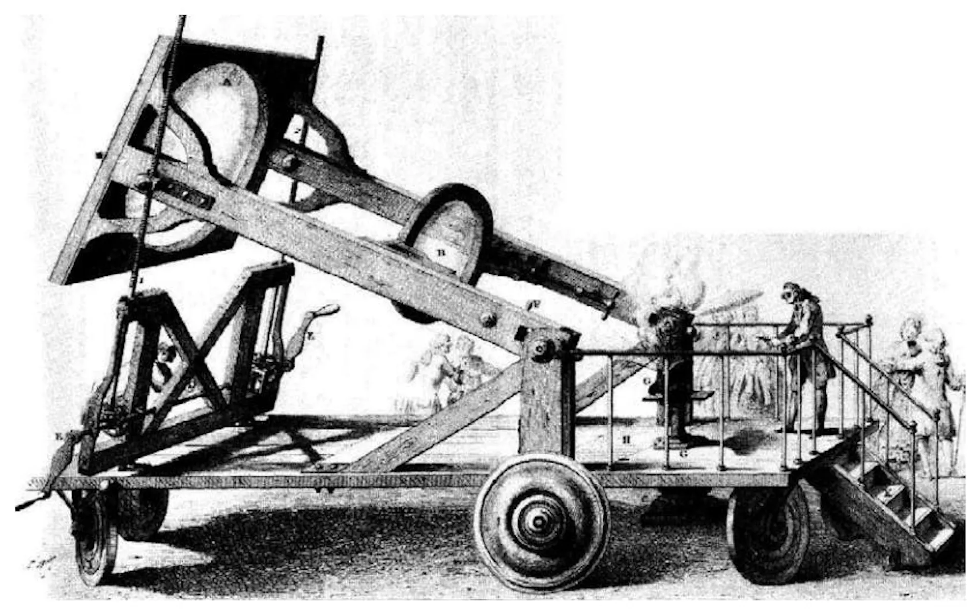 Engraving of an early solar furnace, a large mirrored frame focusing sunlight on a mounted apparatus