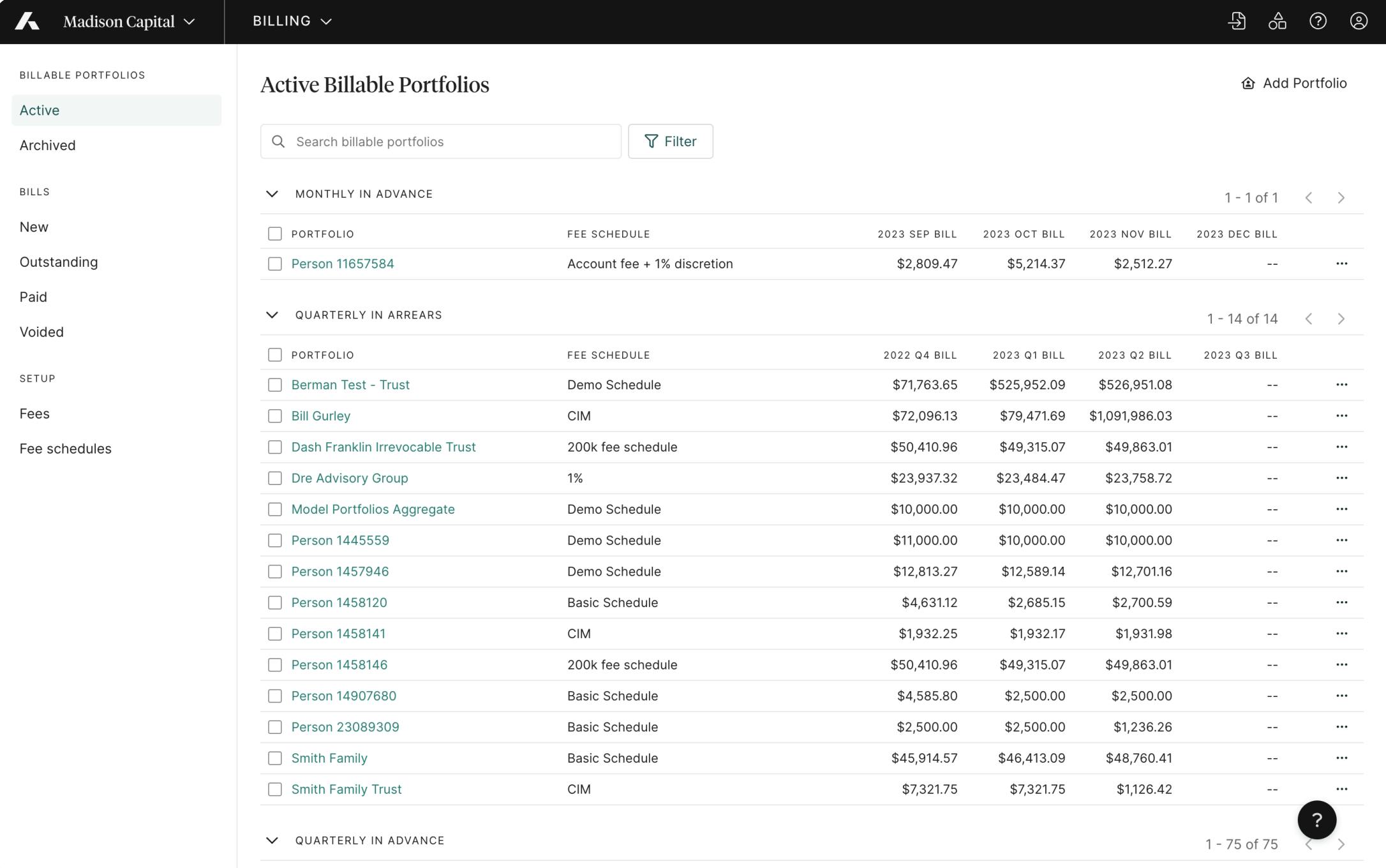 Screenshot of Addepar’s billing product