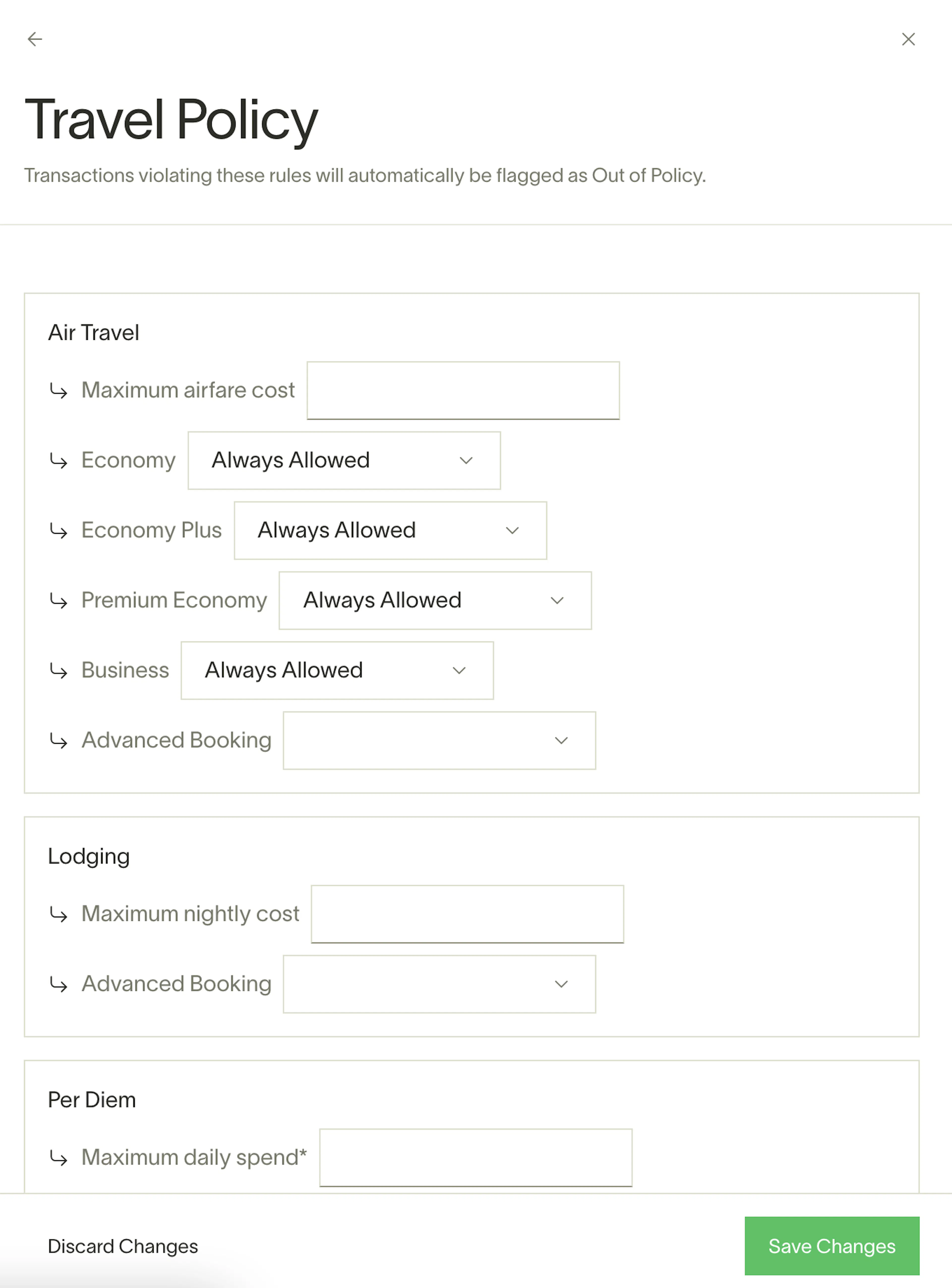 Ramp's corporte travel policy settings