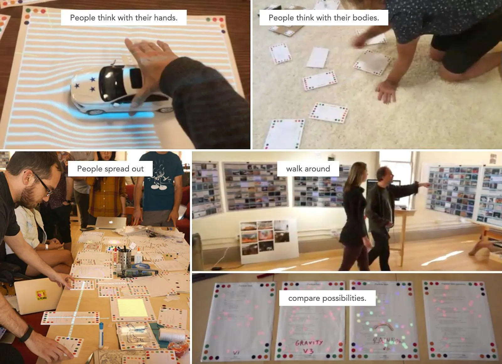 Collage of tangible interface research, people manipulating projected data with hands and bodies across tables and walls