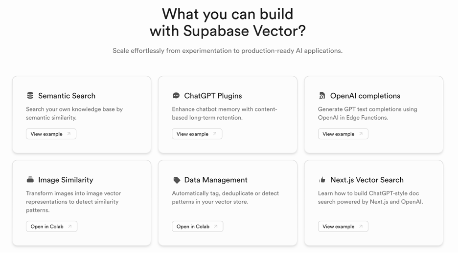Supabase Vector build options including Semantic Search and ChatGPT plugins