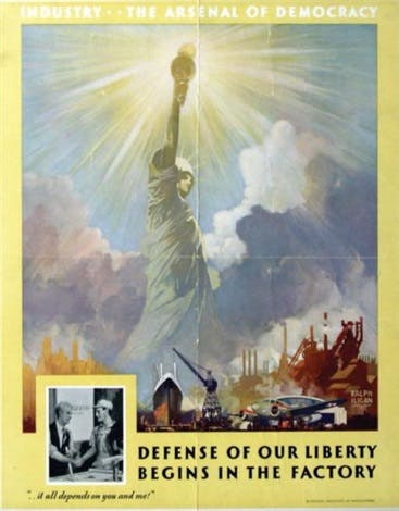 World War II poster by Ralph Iligan “Defense of our liberty begins in the factory.”
