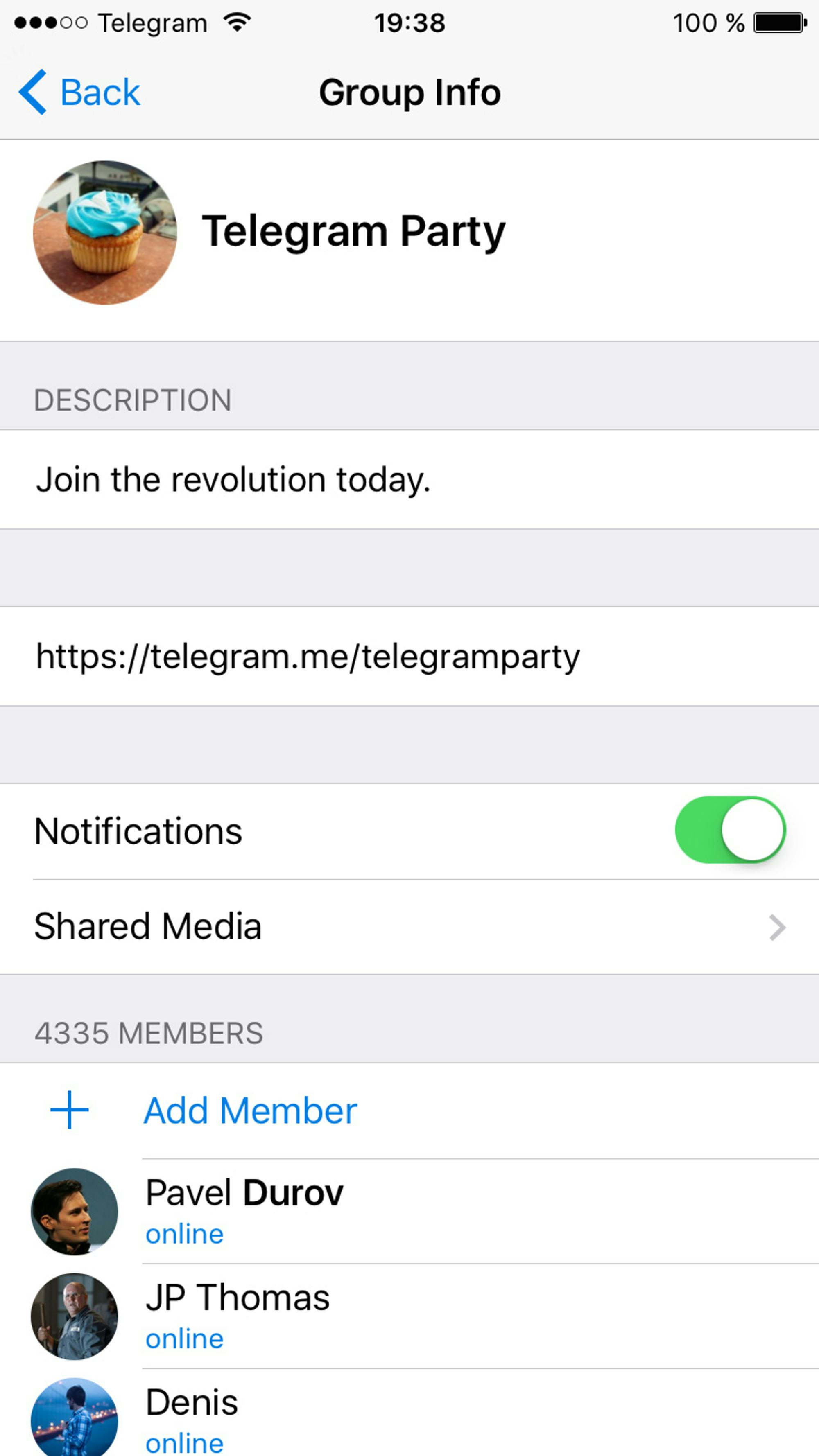 Telegram group chat settings page
