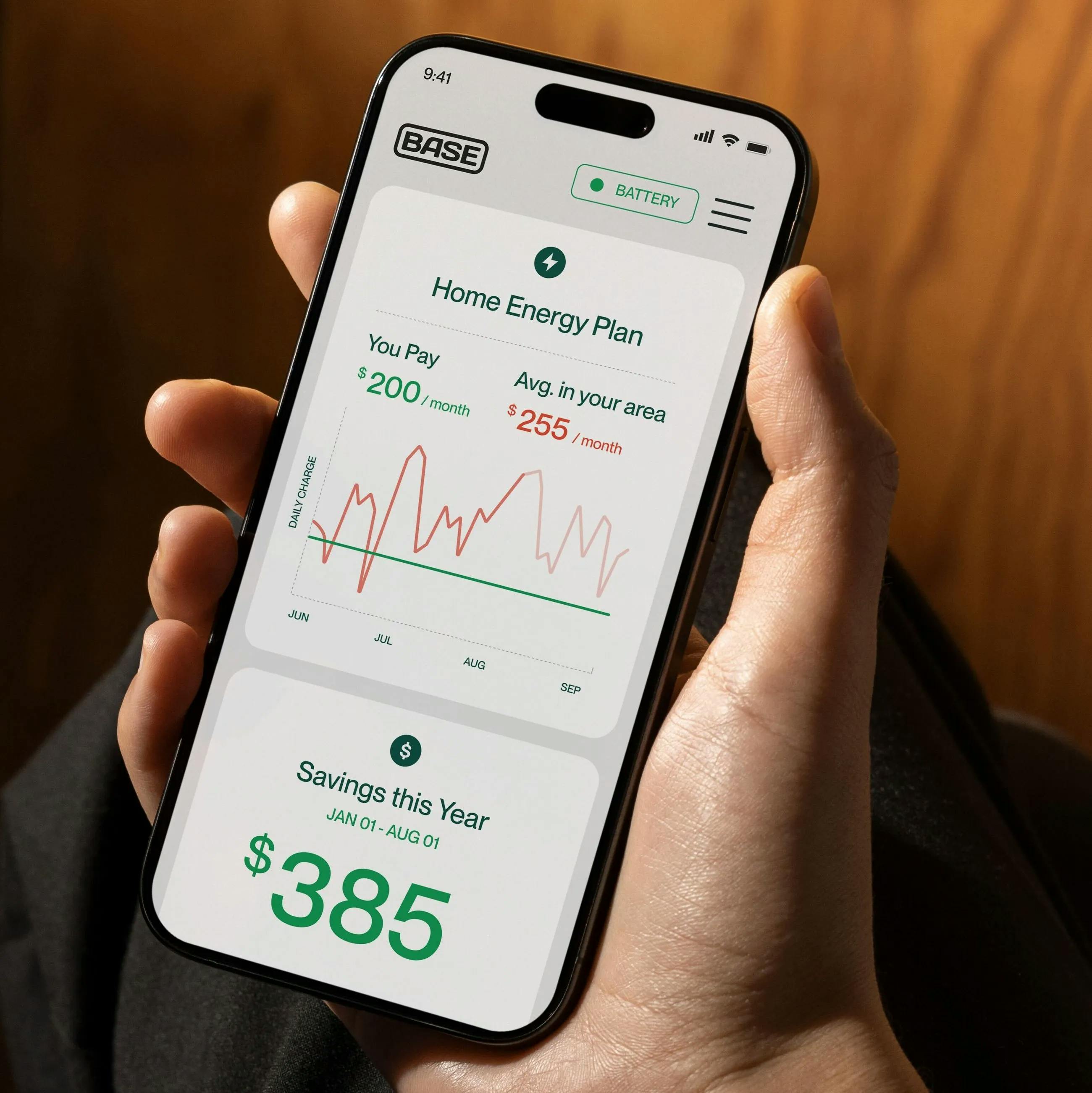 Screenshot of Base Power's mobile app for billing and real-time monitoring