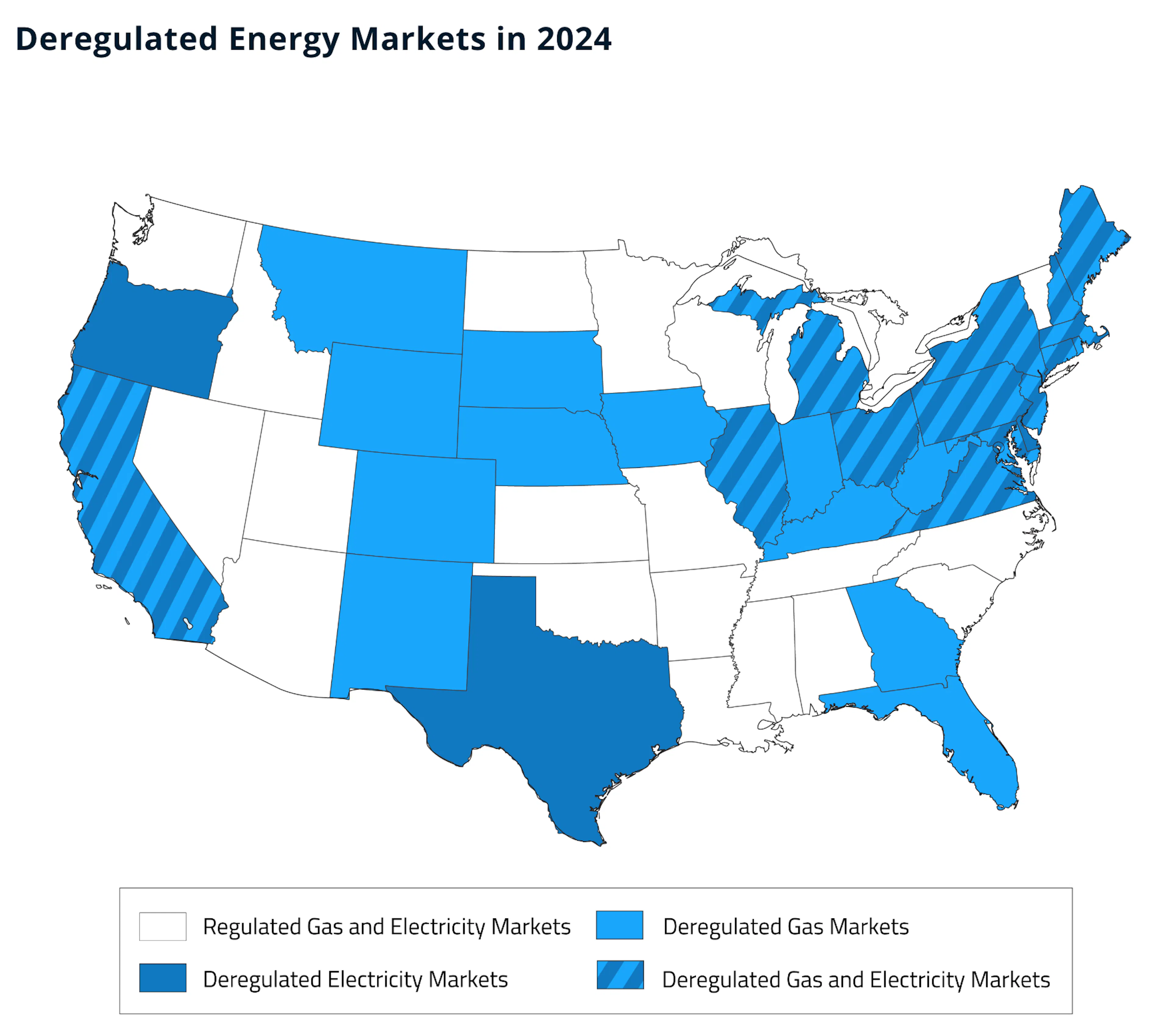 Map of the US showing deregulated energy markets in 2024