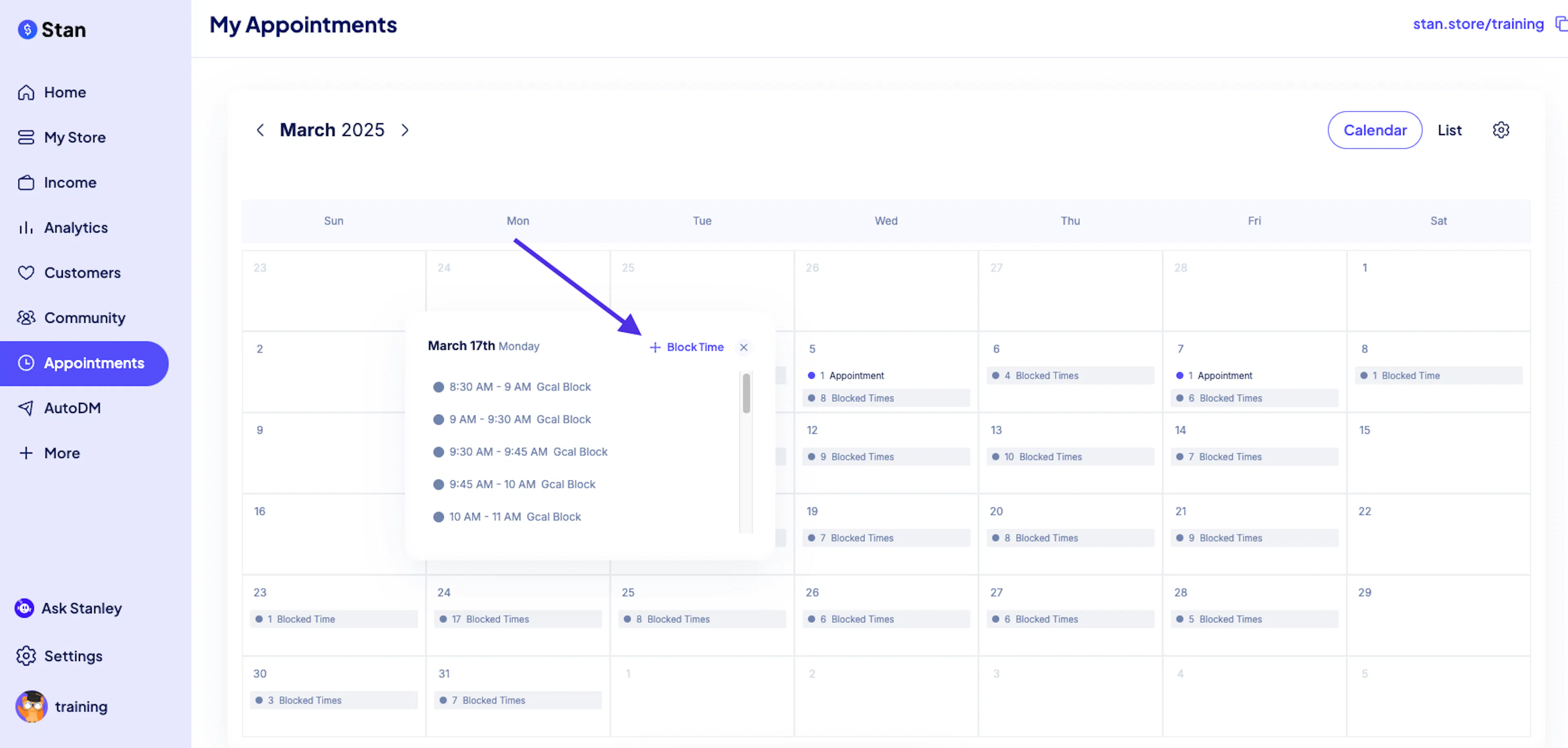 Stan's appointment calendar, where a creator blocks off time so followers cannot book those slots.