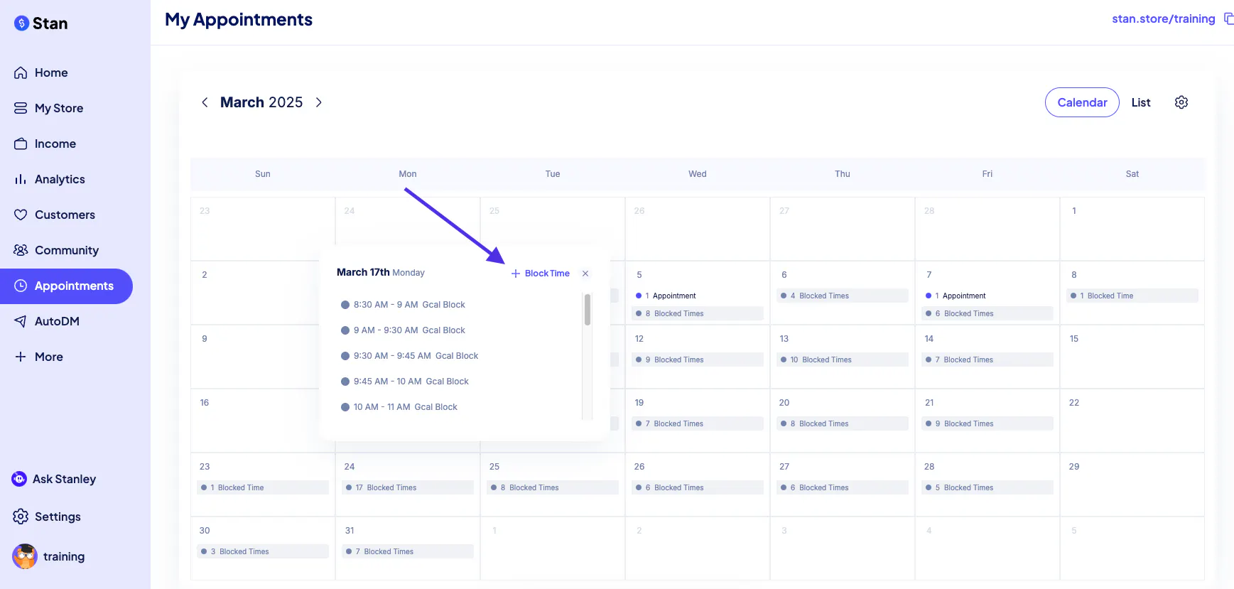 Stan's appointment calendar, where a creator blocks off time so followers cannot book those slots.