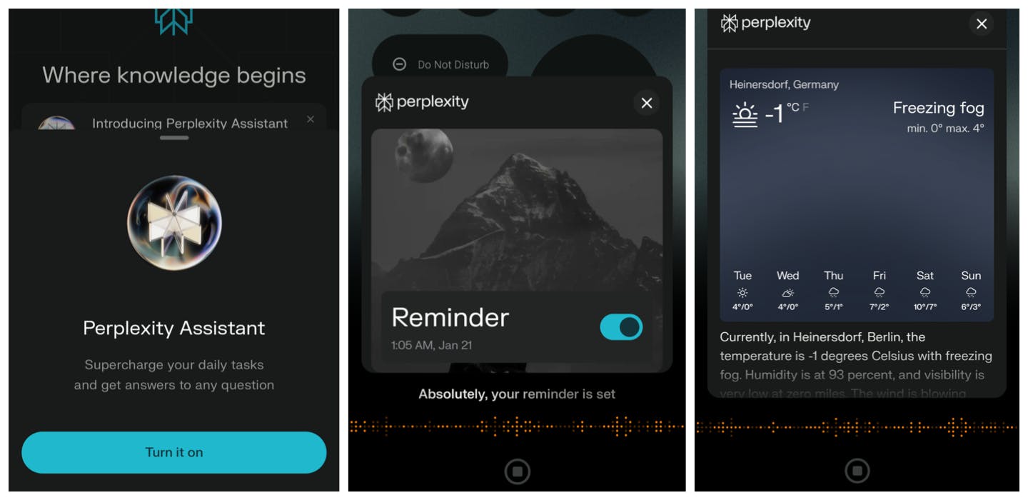 Examples of Perplexity's new feature, Perplexity Assistant