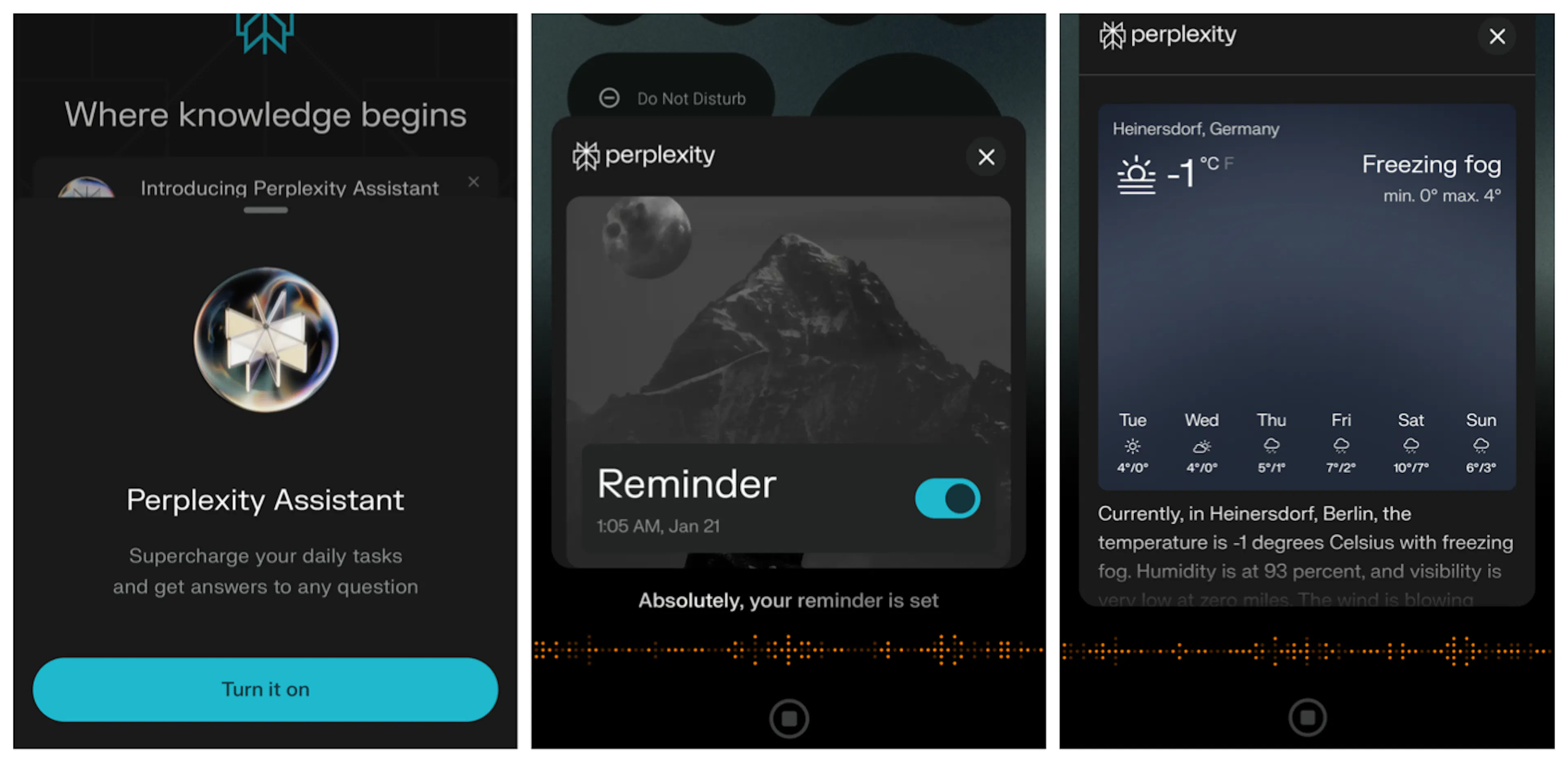 Examples of Perplexity's new feature, Perplexity Assistant
