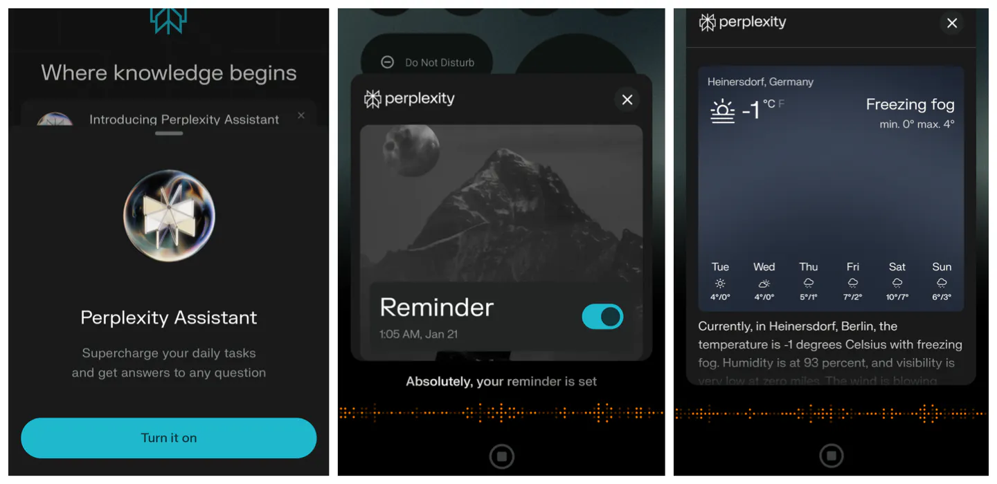 Examples of Perplexity's new feature, Perplexity Assistant