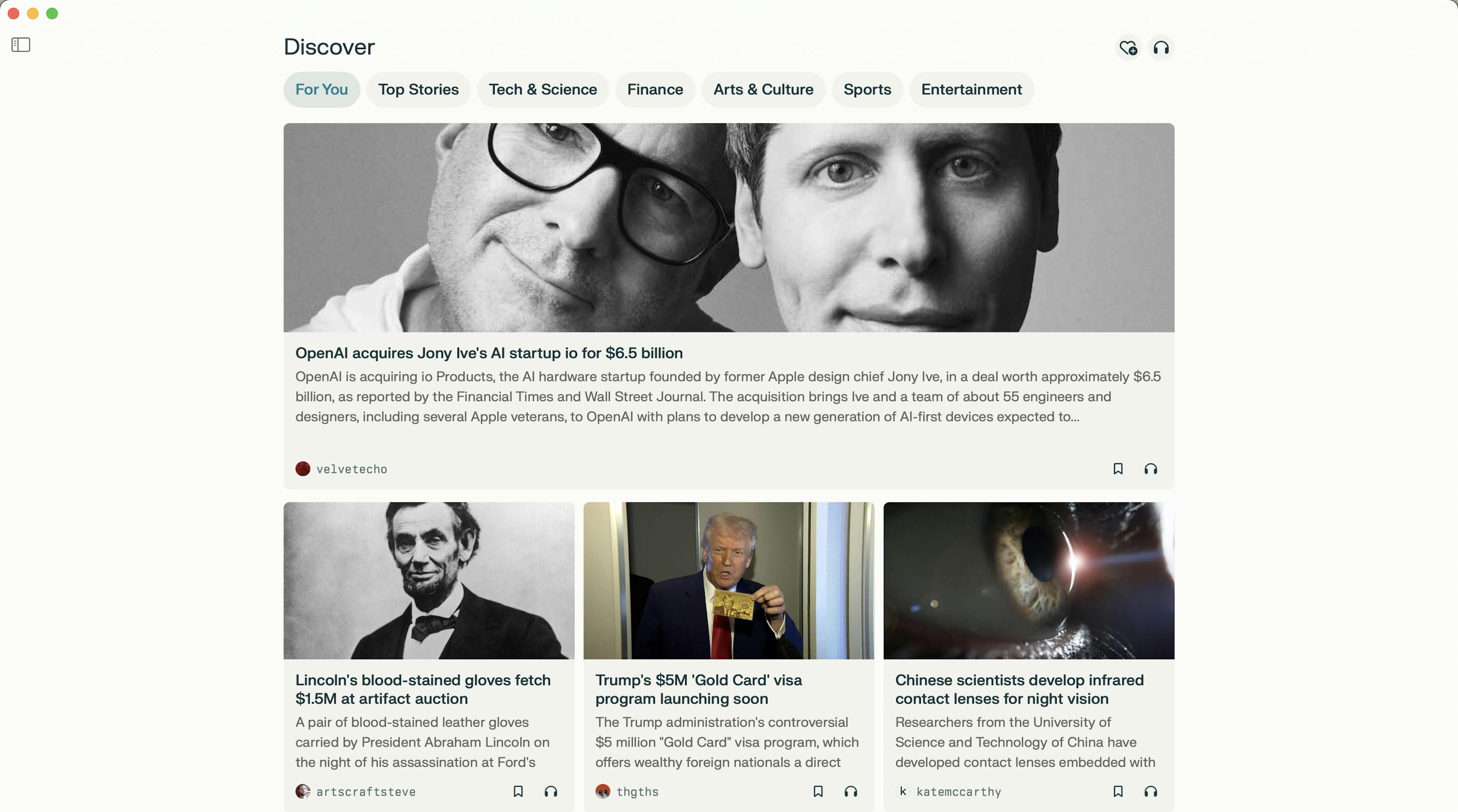 Screenshot of Perplexity's Discover, a curated feed of queries and content