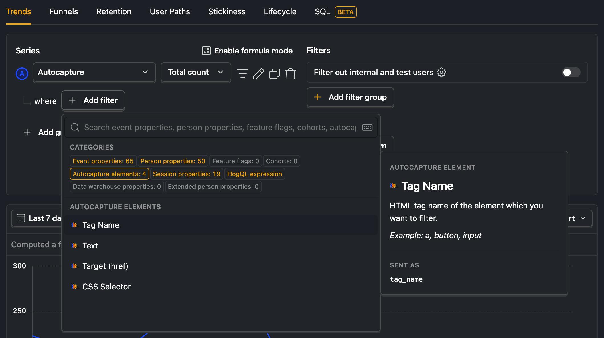 PostHog Trends dashboard showing filter options, including event properties, person properties, and autocapture elements.