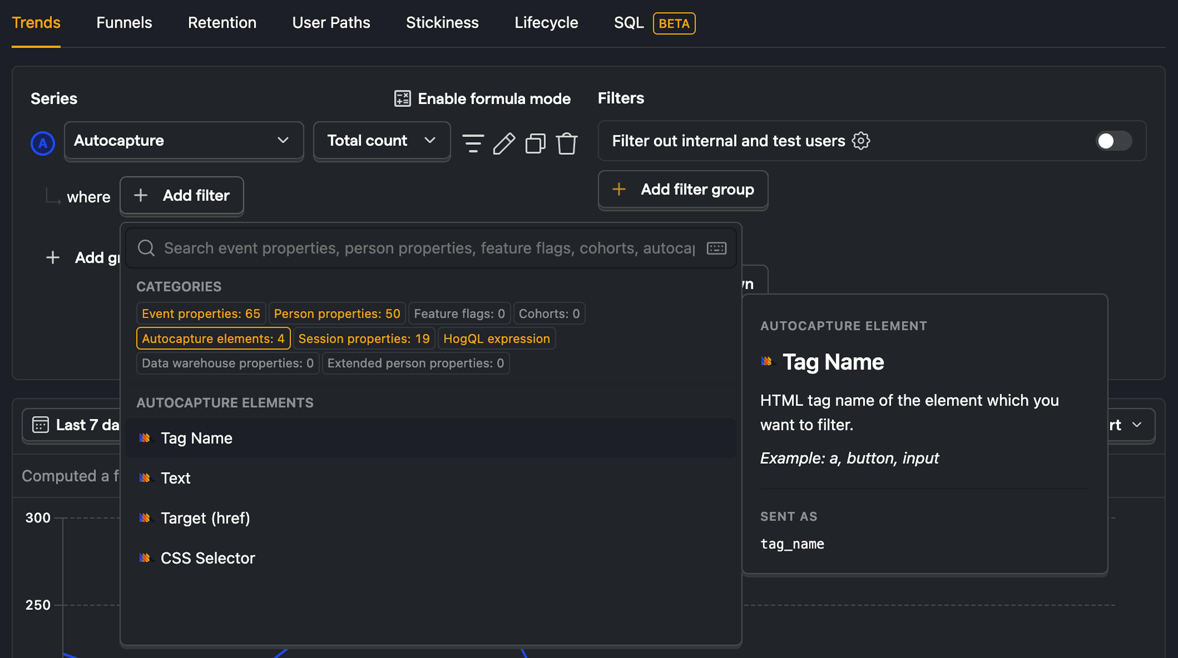 PostHog Trends dashboard showing filter options, including event properties, person properties, and autocapture elements.