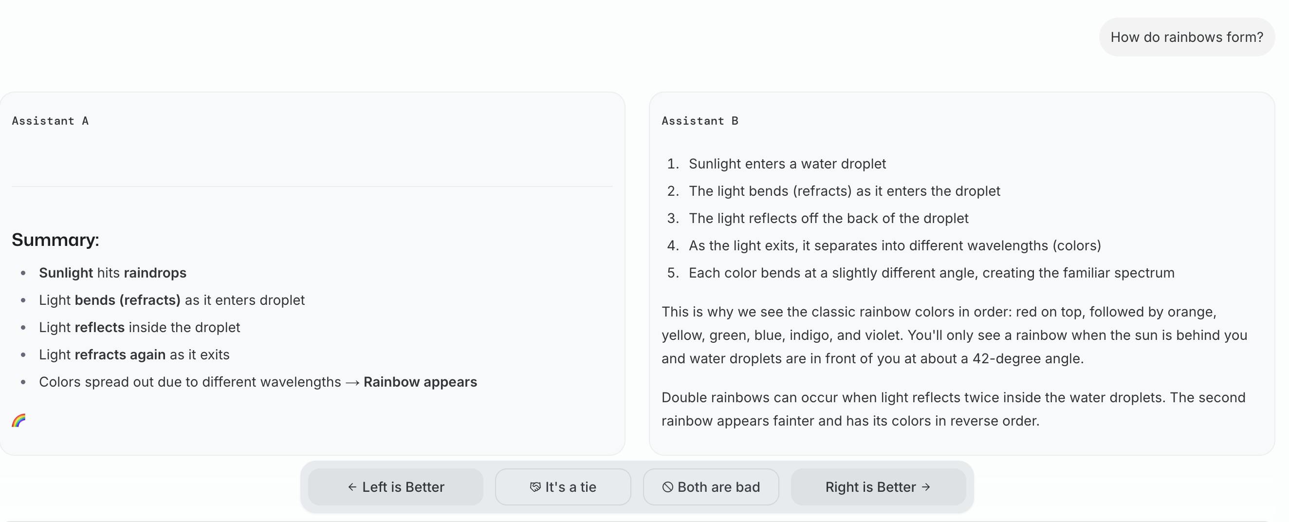 Screenshot of an AI comparison showing two explanations about how rainbows form, with summaries and a user prompt at the top right.