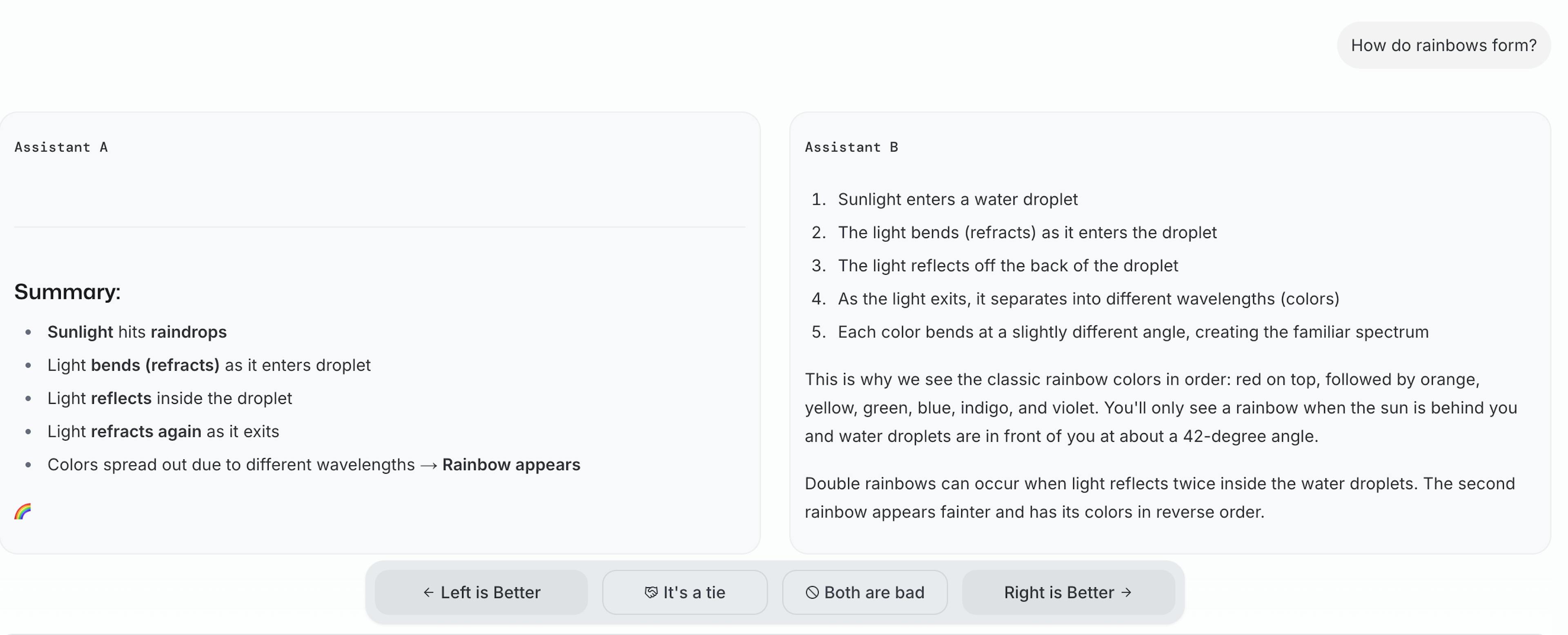 Screenshot of an AI comparison showing two explanations about how rainbows form, with summaries and a user prompt at the top right.