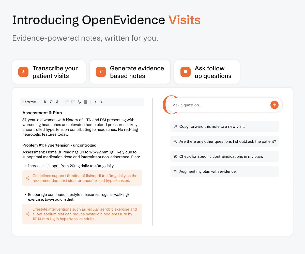 OpenEvidence visits product with options to transcribe patient visits and generate notes