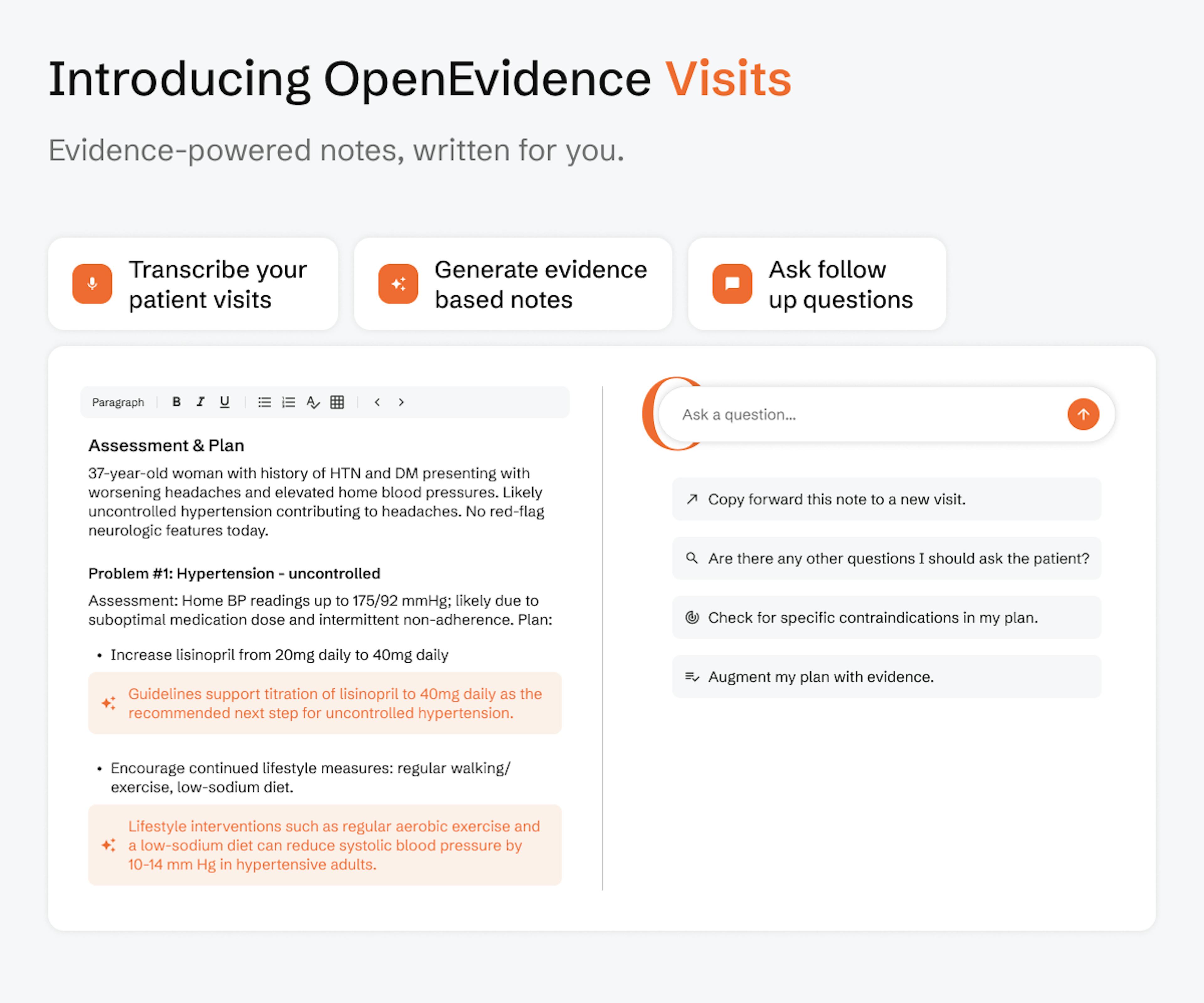 OpenEvidence visits product with options to transcribe patient visits and generate notes