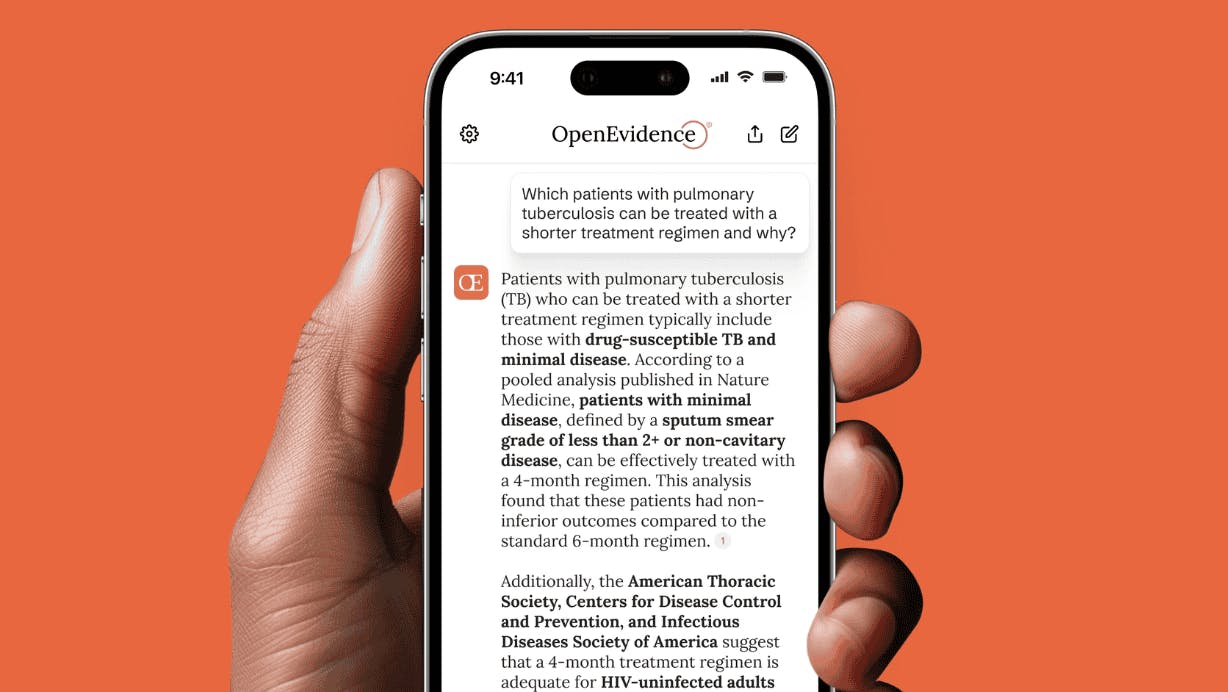 Hand holding a phone displaying an OpenEvidence medical answer on tuberculosis.