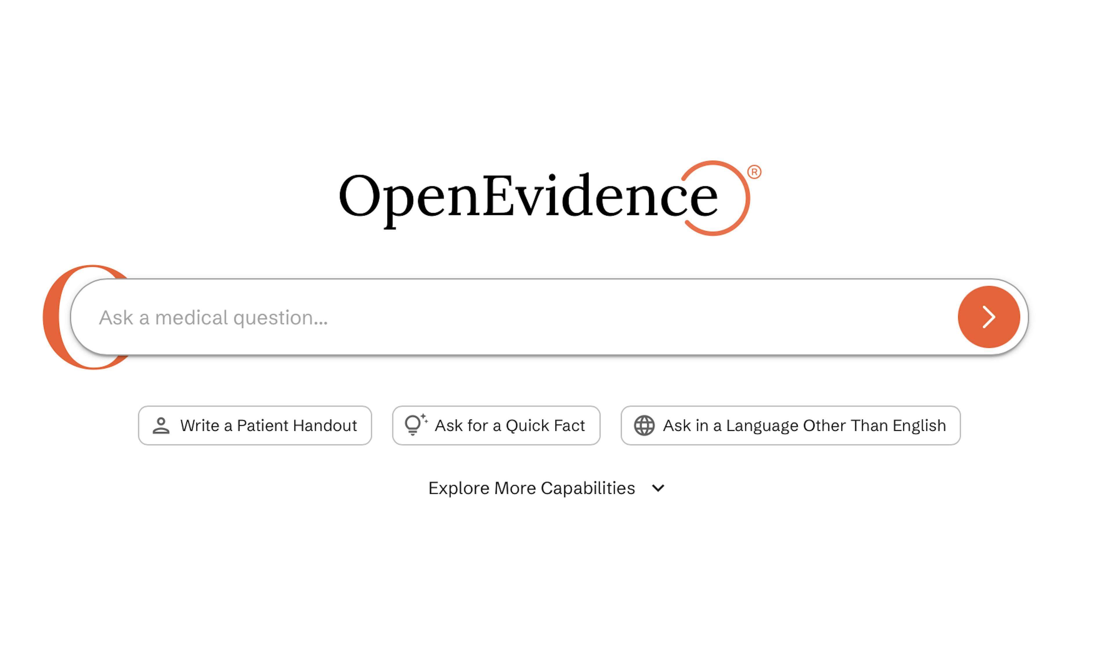Search bar interface on OpenEvidence with options to ask medical questions.