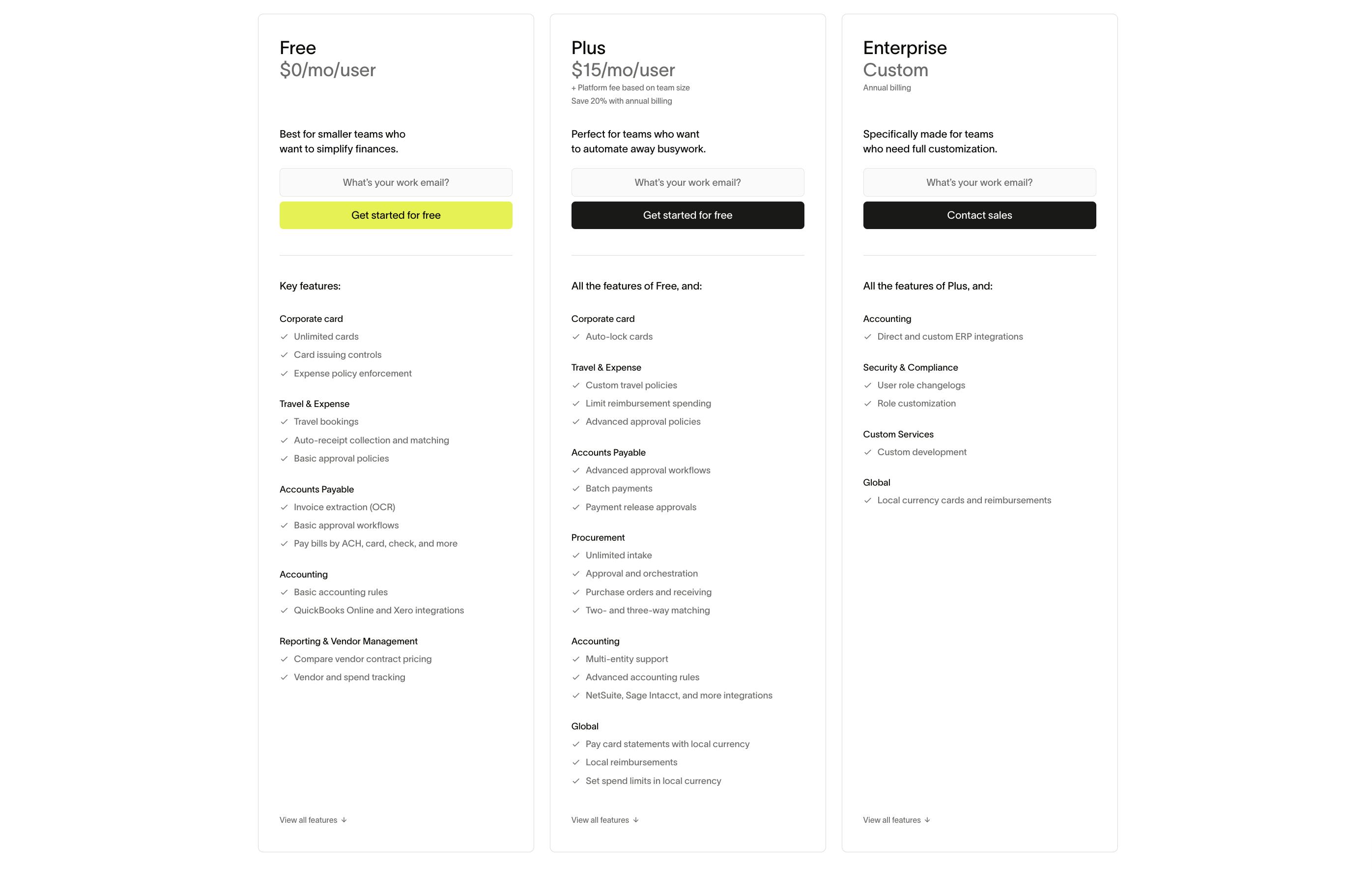 Ramp pricing tiers: free, plus and enterprise