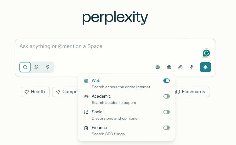 Perplexity's focus modes including web, academic, social and finance