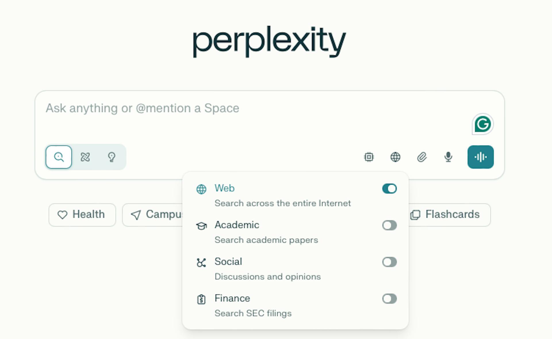 Perplexity's focus modes including web, academic, social and finance