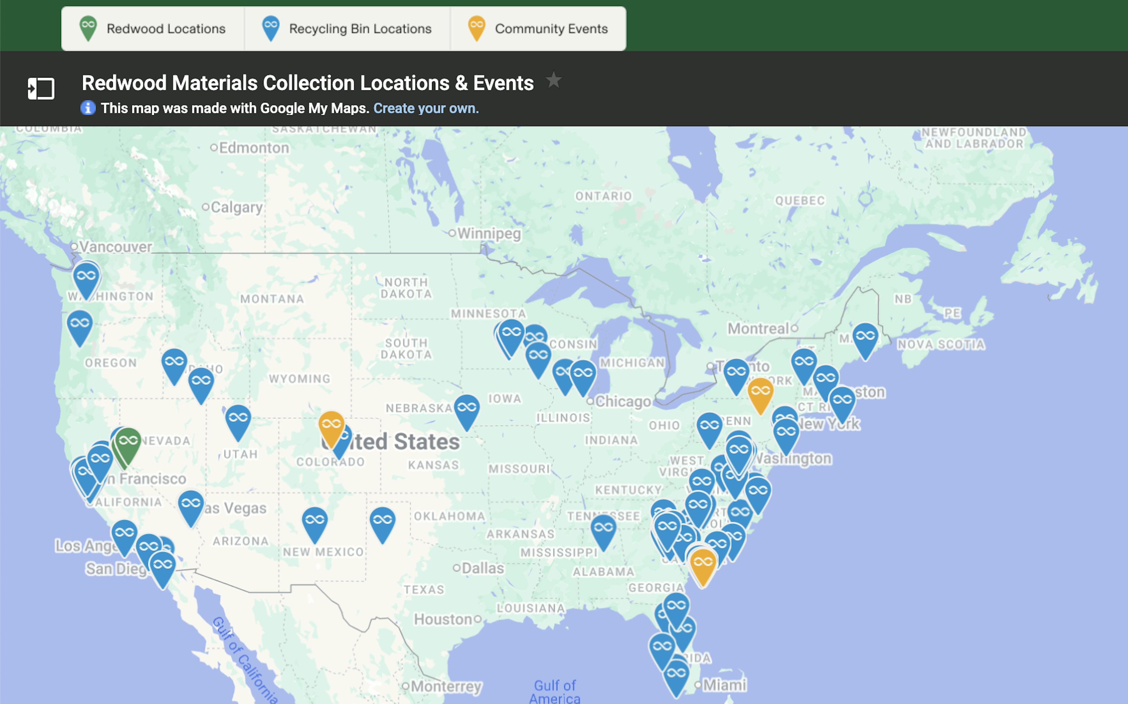 Map showing Redwood Material's collection locations and events