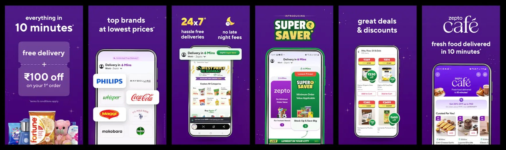 Screenshots of the Zepto mobile app