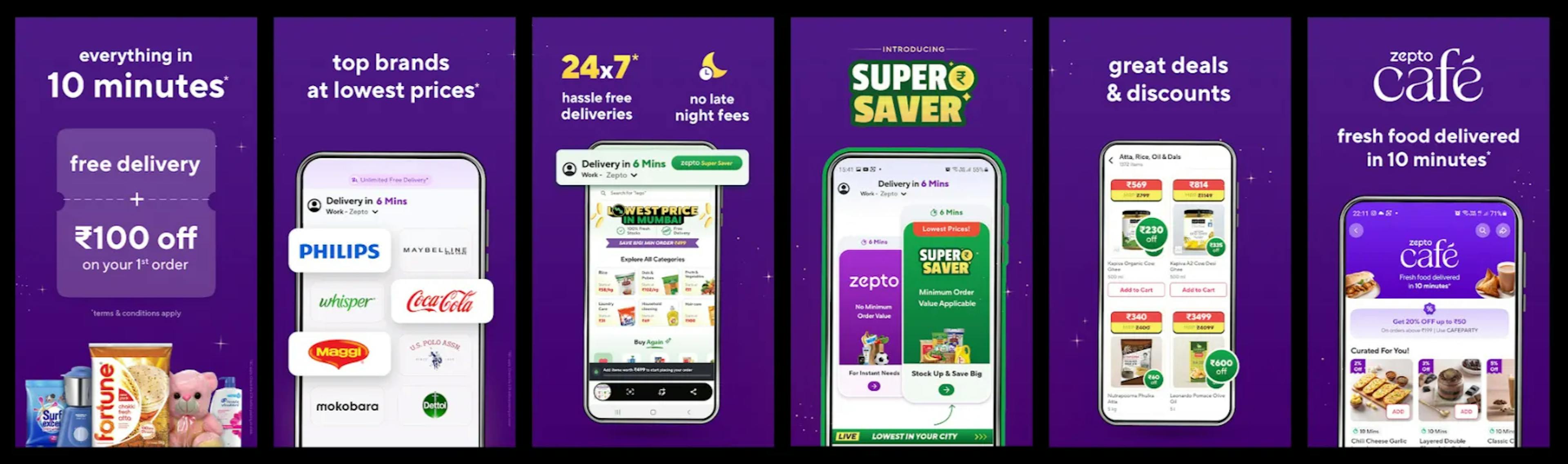 Screenshots of the Zepto mobile app