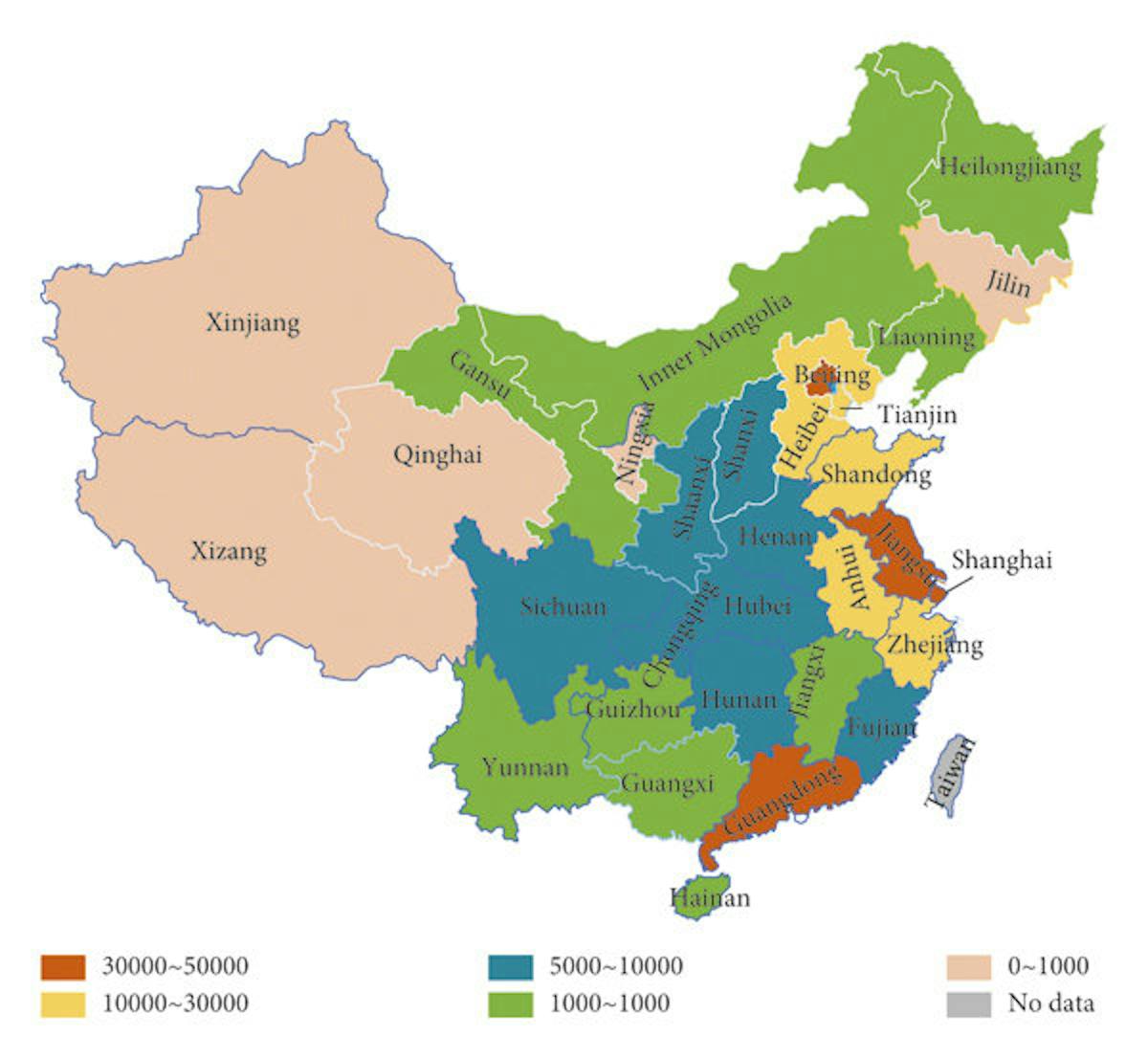 Map showing Distribution of electric vehicle charging stations in major provinces and cities in China