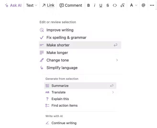 Notion's Integrated writing assistant Feature