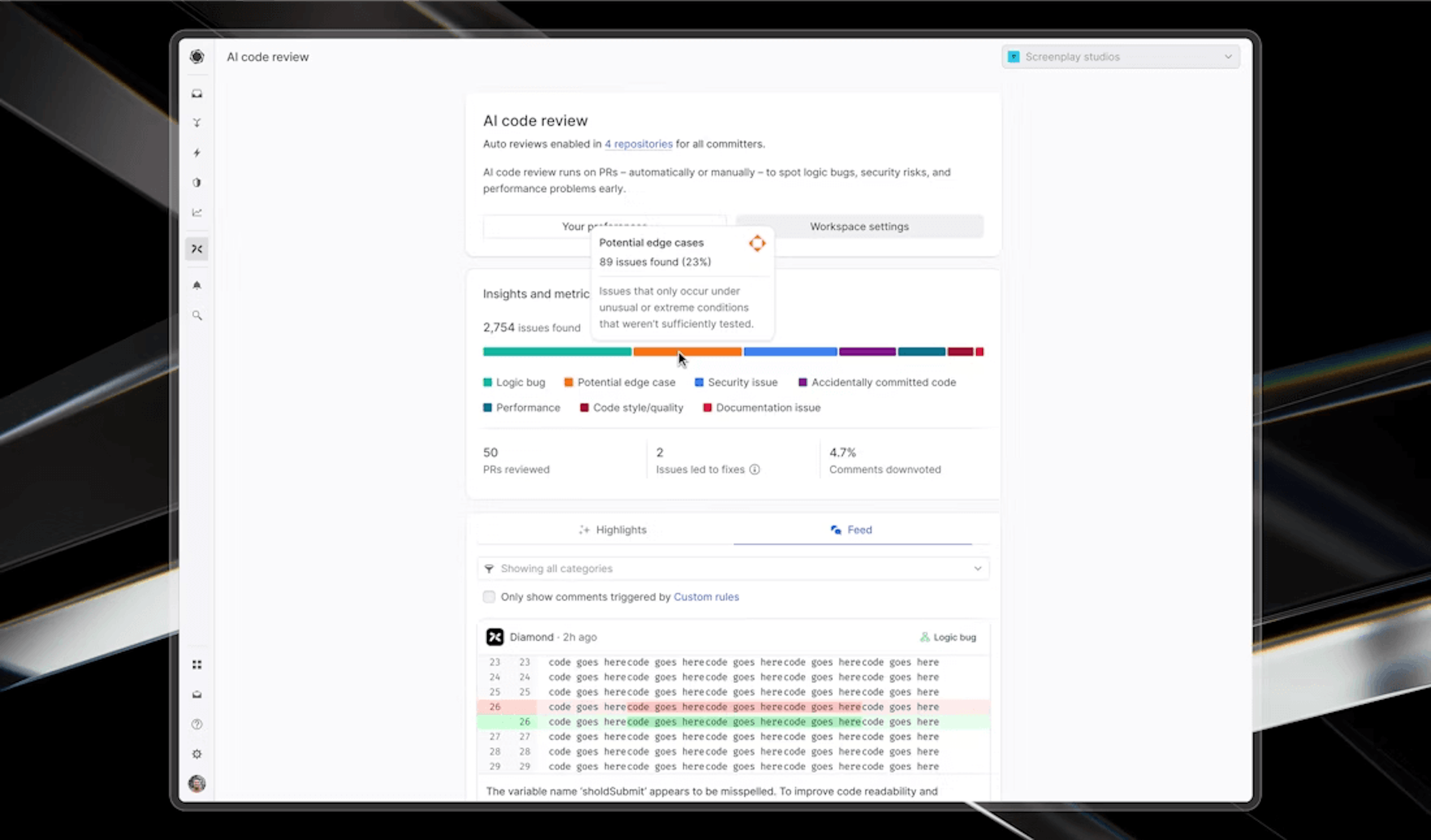 Graphite Agent's AI code review dashboard