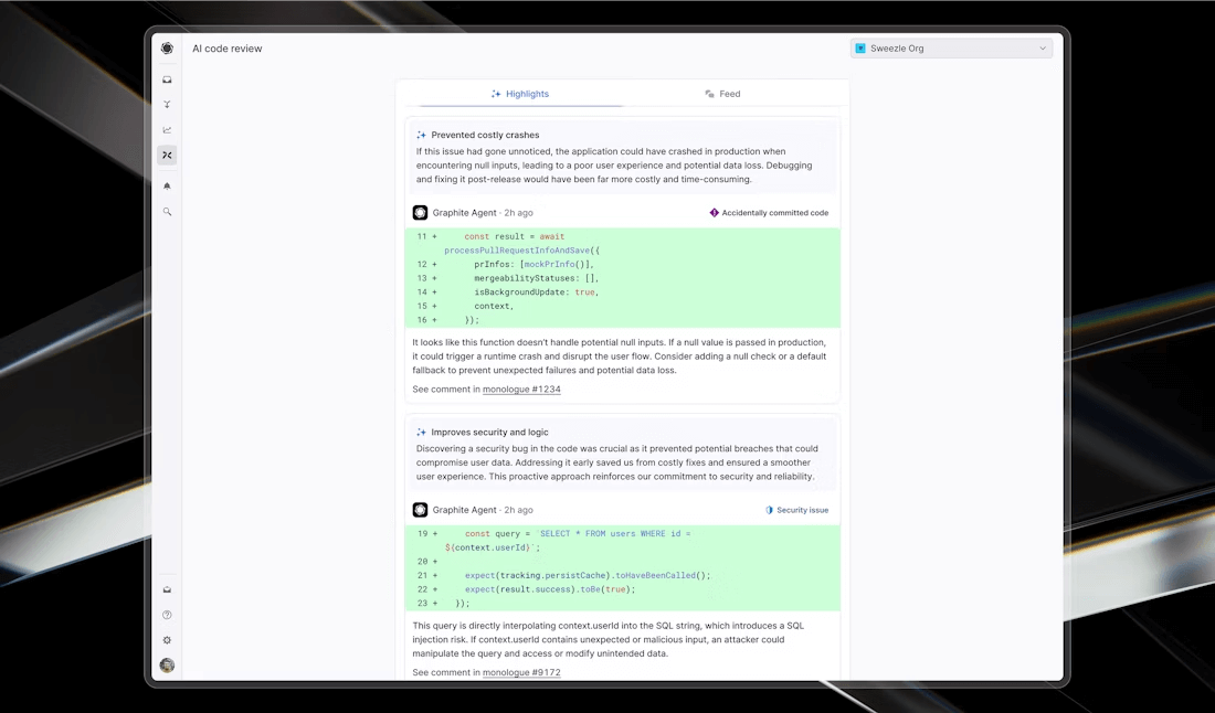 Highlights feed that surfaces all AI-generated comments across their repositories