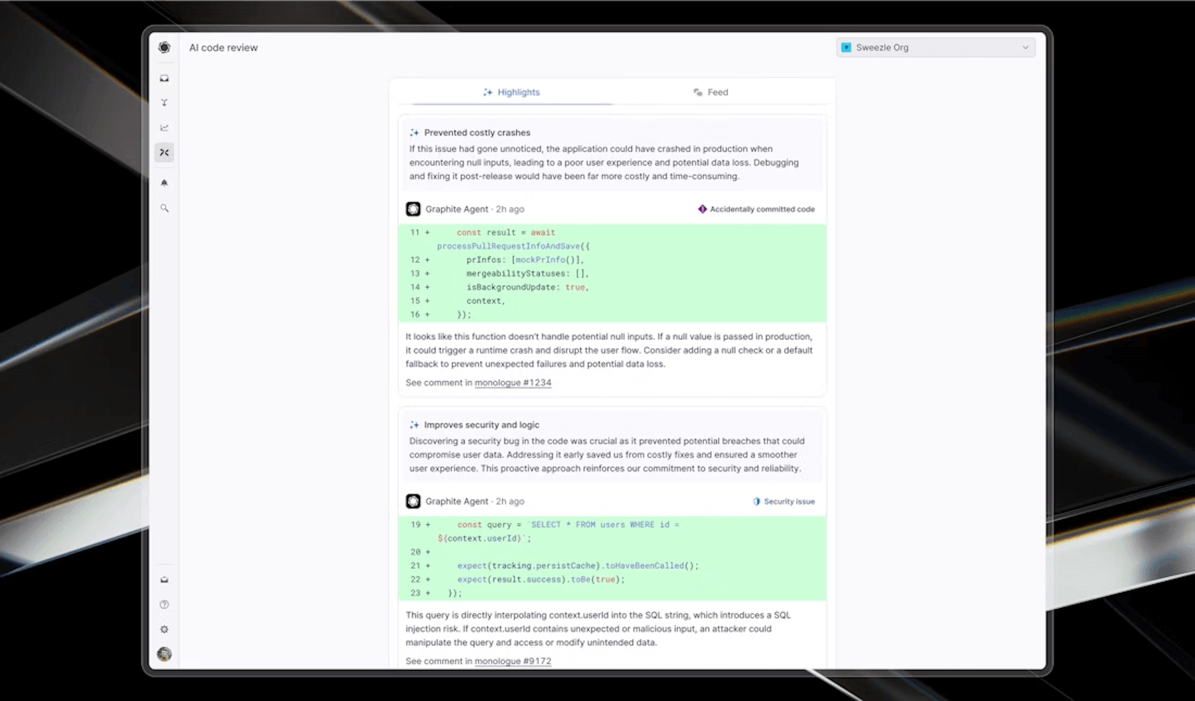 Highlights feed that surfaces all AI-generated comments across their repositories