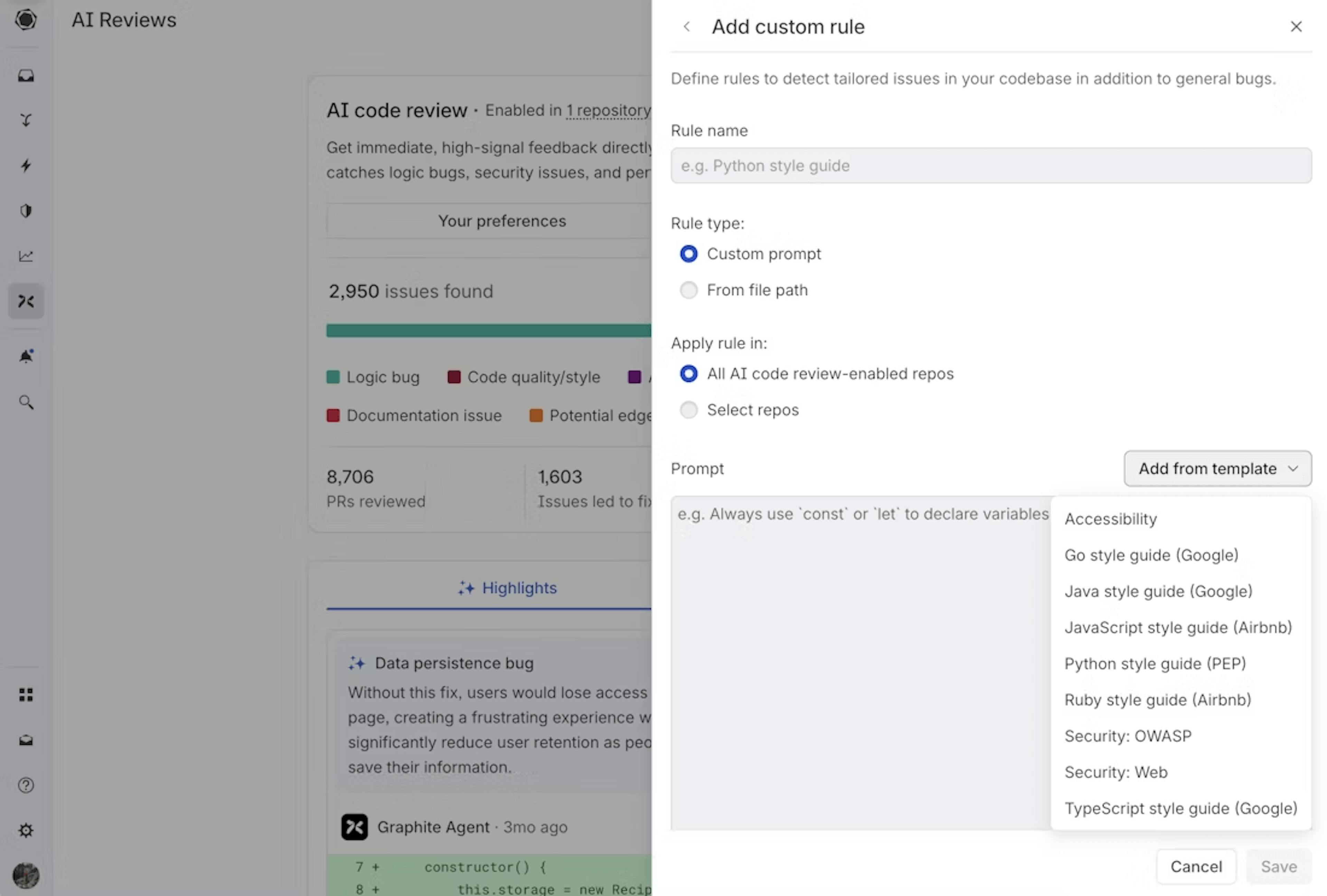 Graphite Agent platform supports custom rules