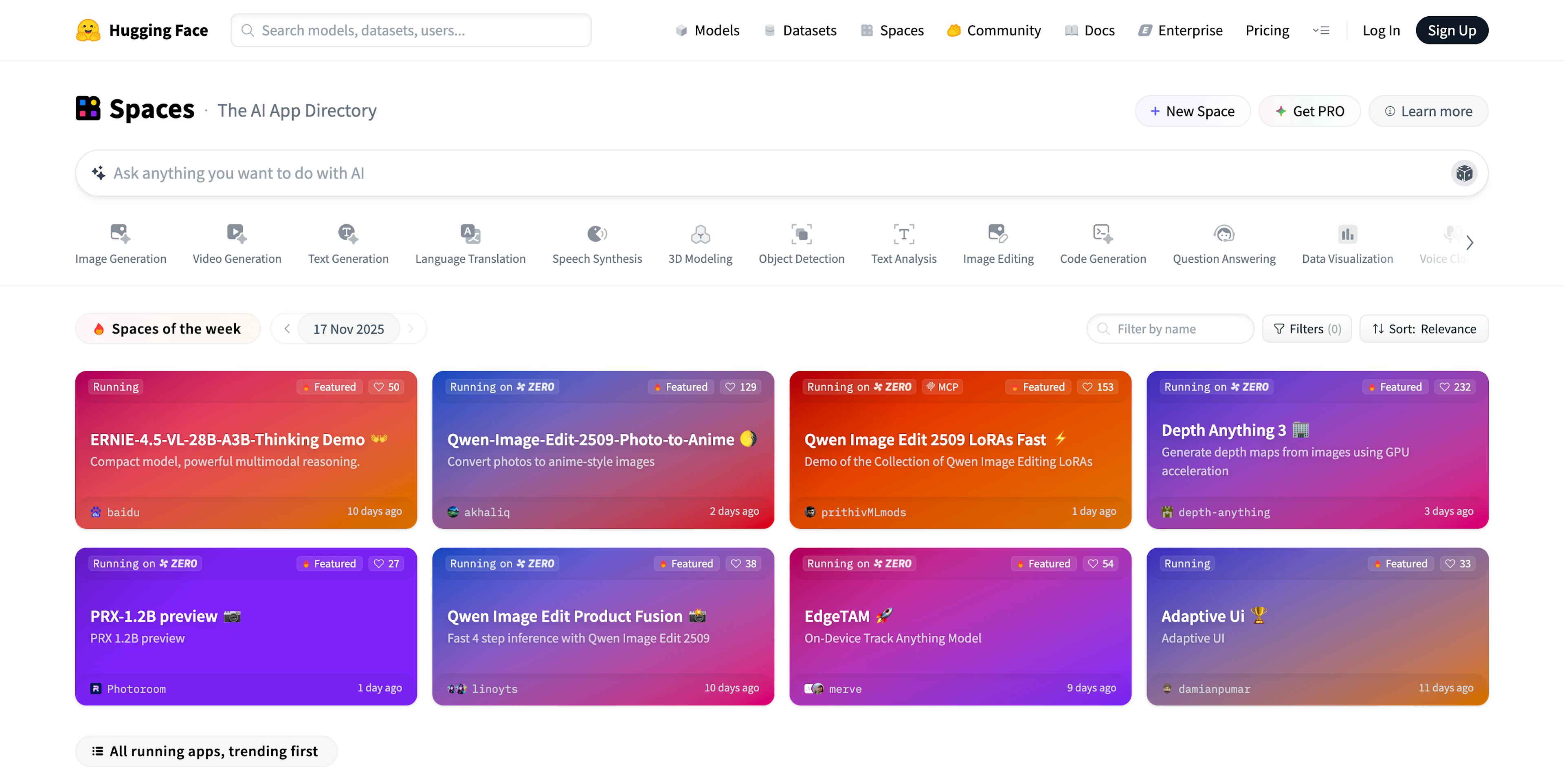 Hugging Face's AI App directory named Spaces