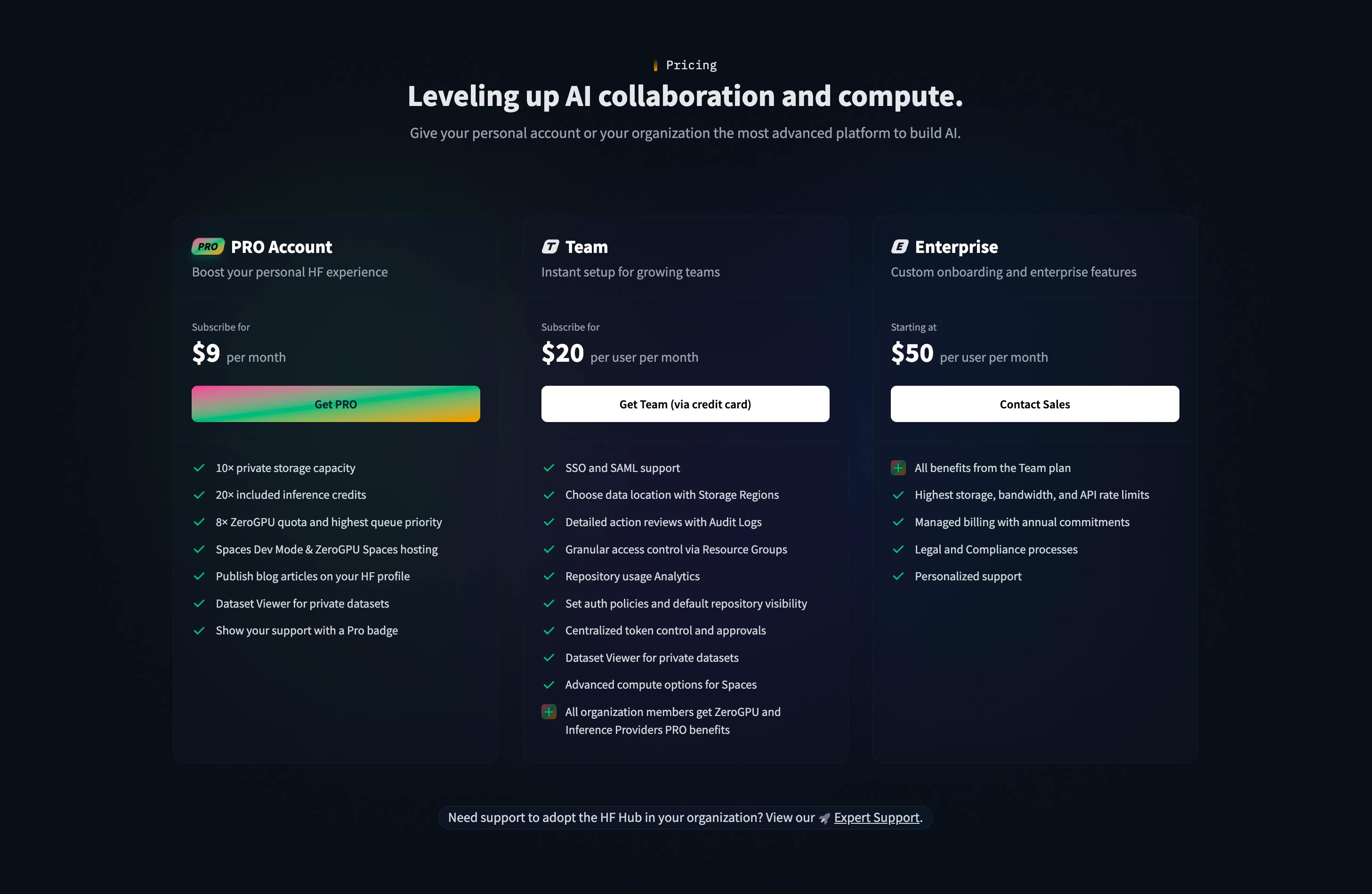 Hugging Face's pricing tiers