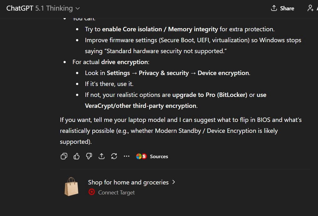 A ChatGPT screenshot with a link to shop at Target