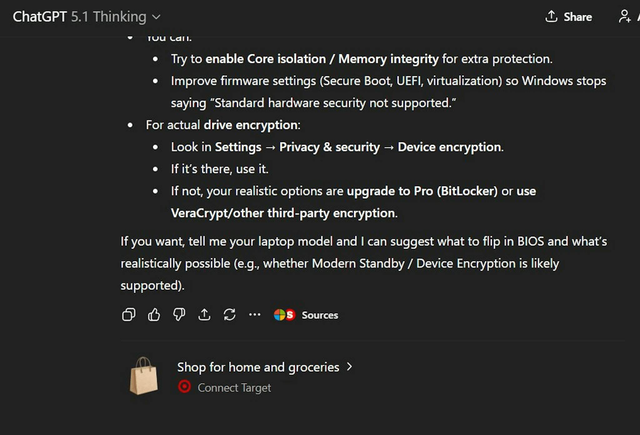 A ChatGPT screenshot with a link to shop at Target