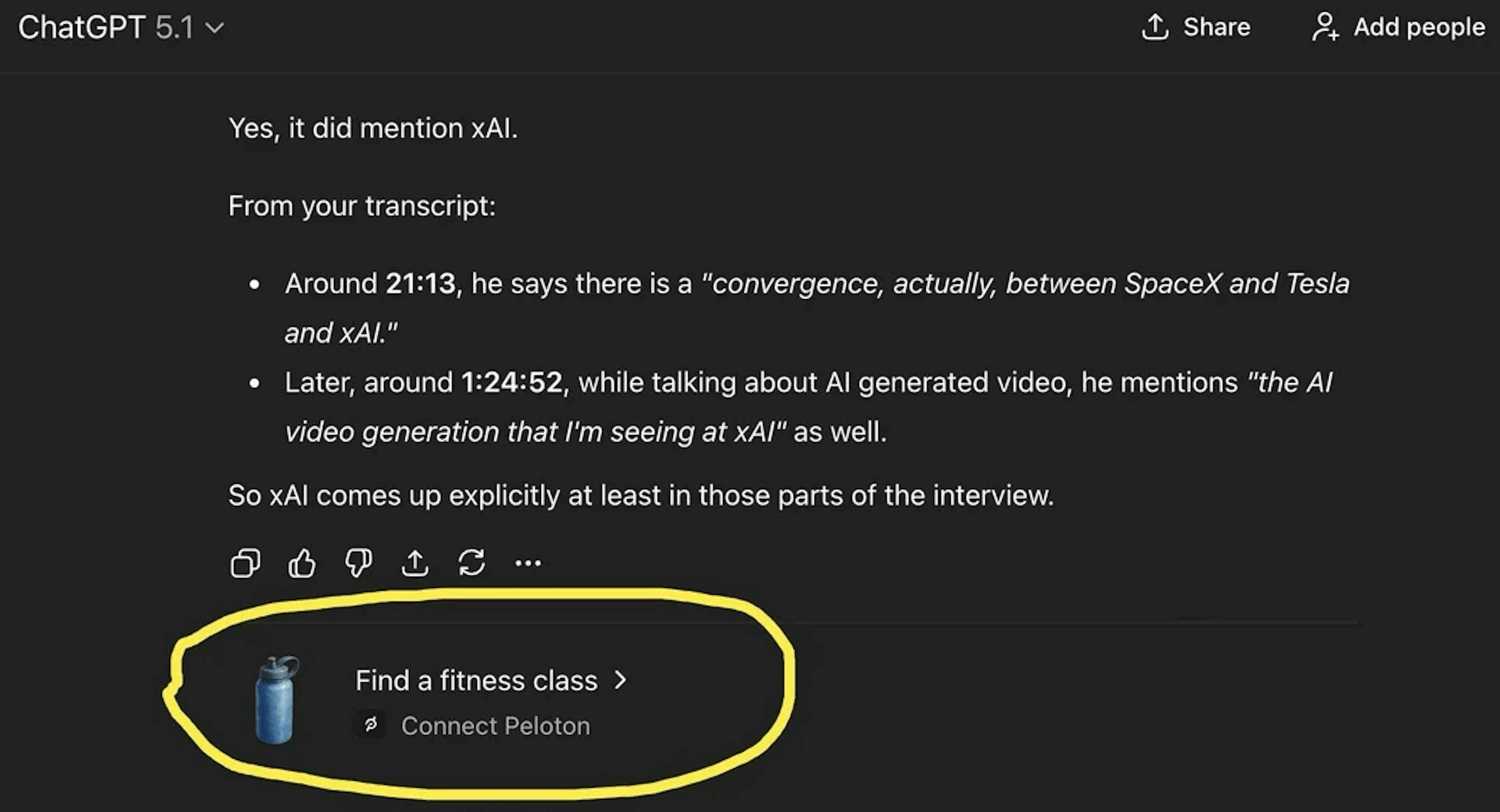 a ChatGPT screenshot with a link for a Peloton fitness class