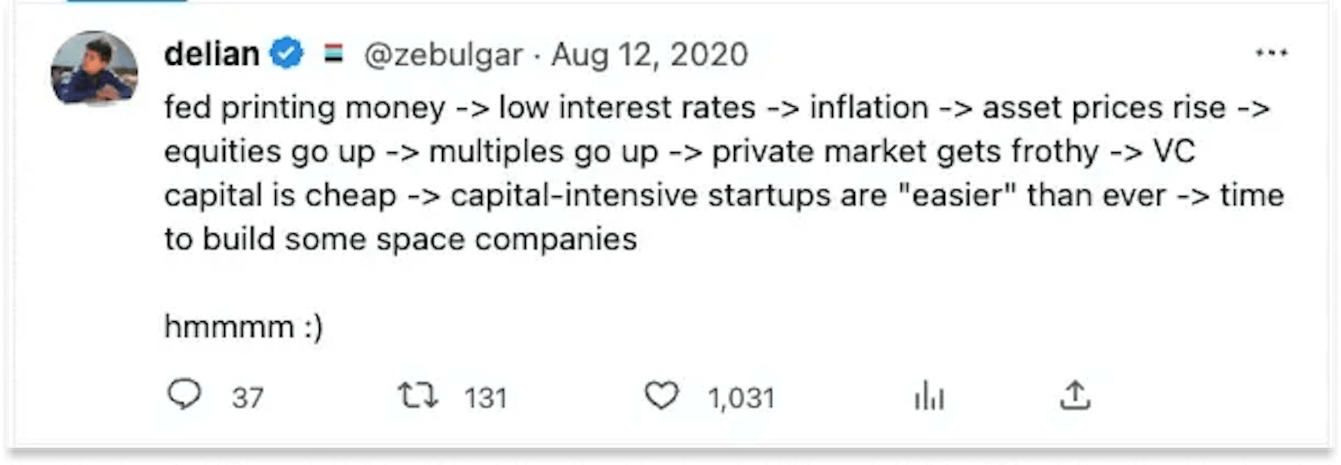 Post by Varda cofounder Delian Asparouhov about a favorable funding environment for capital-intensive space companies