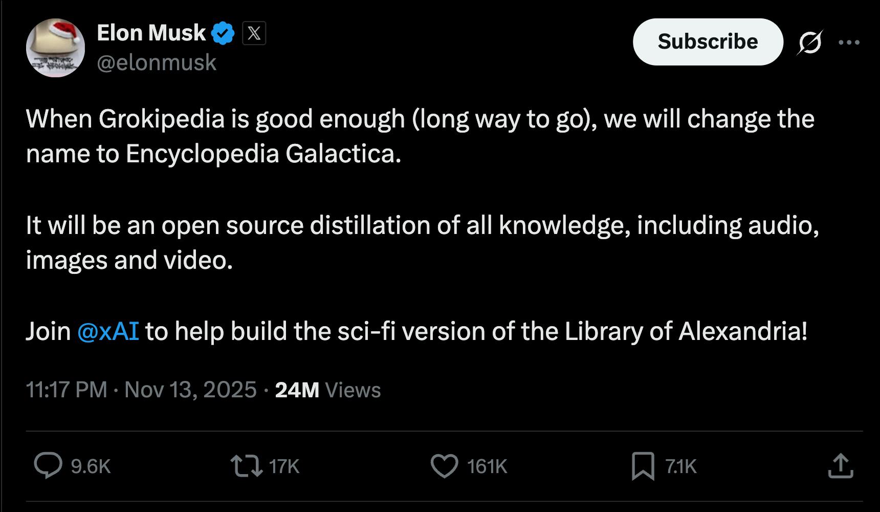 Elon Muck post about Grokipedia's future
