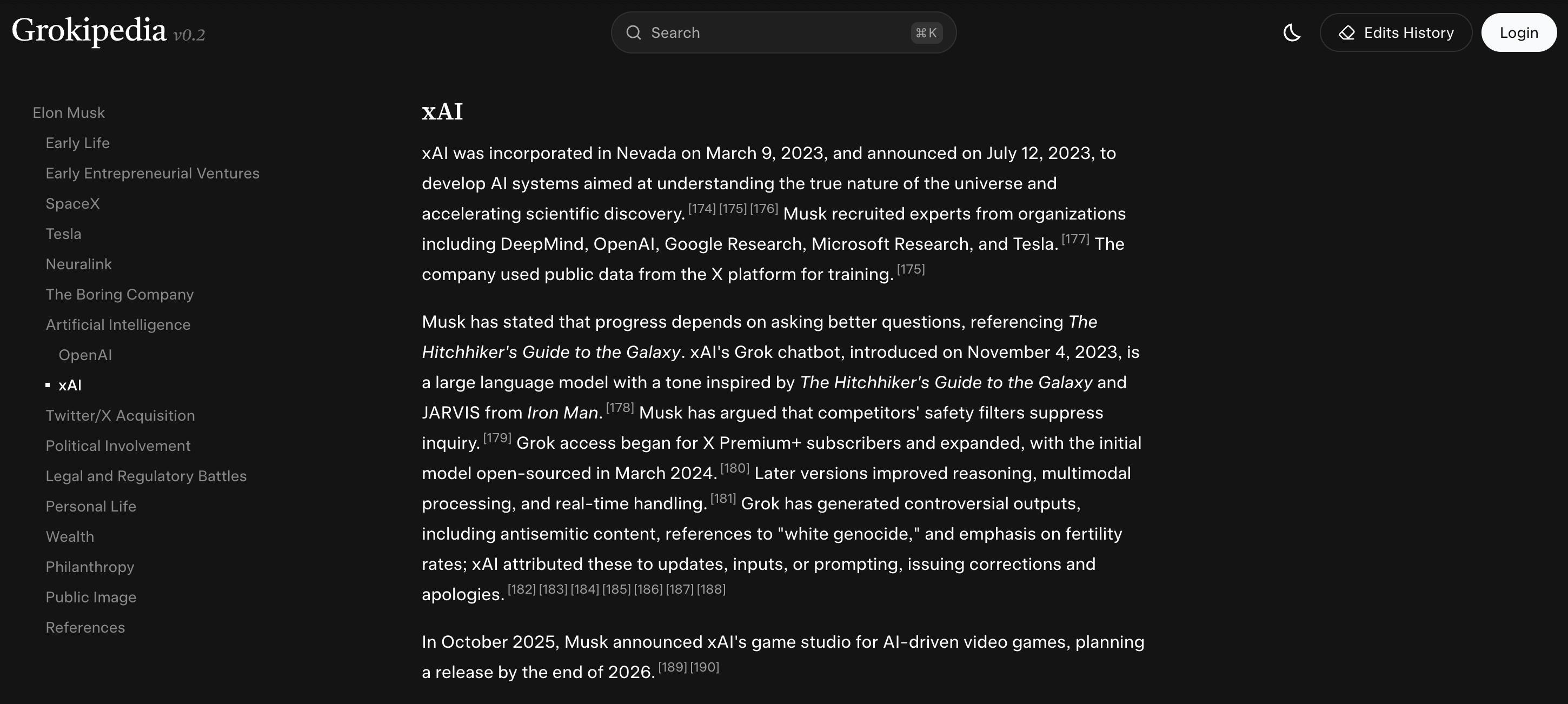 Screenshot of Grokipedia entry for xAI