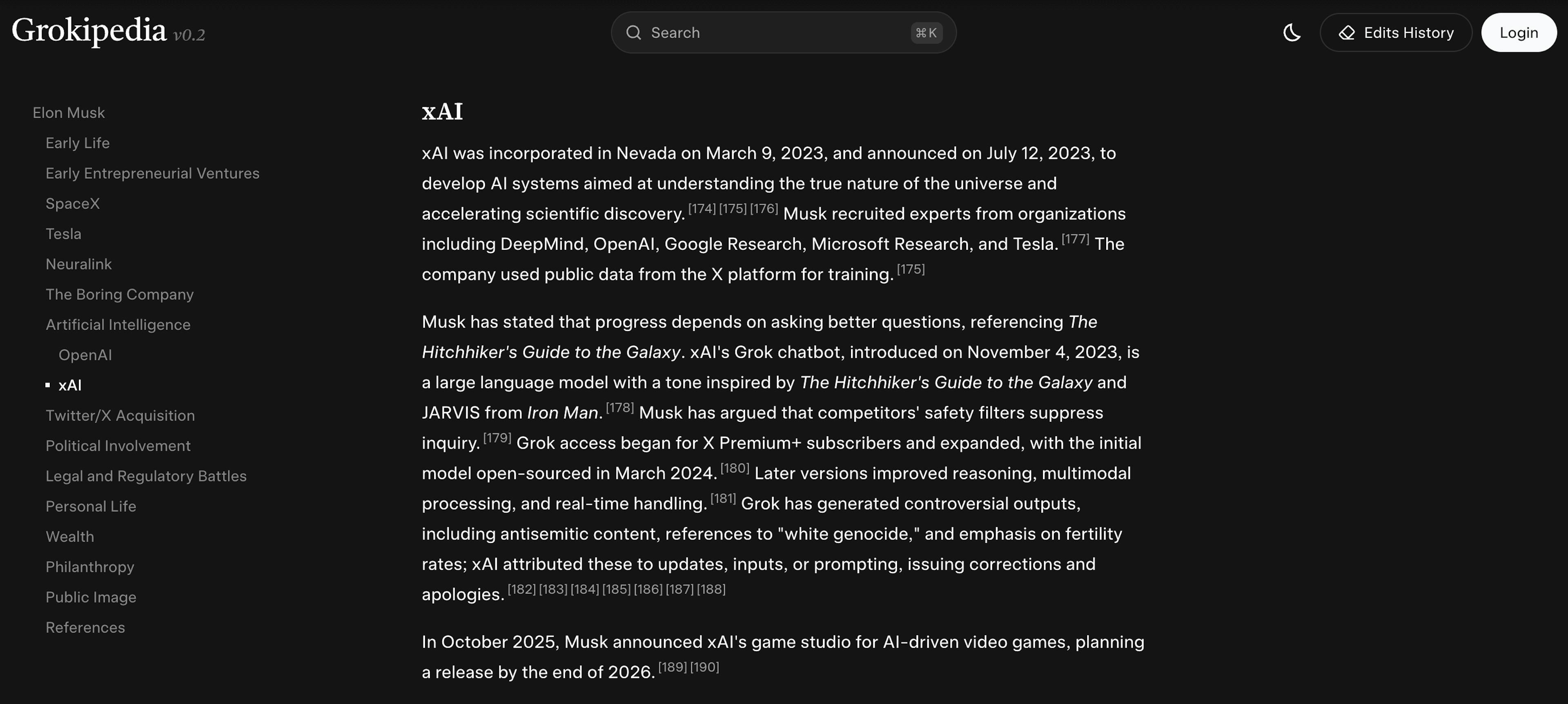 Screenshot of Grokipedia entry for xAI