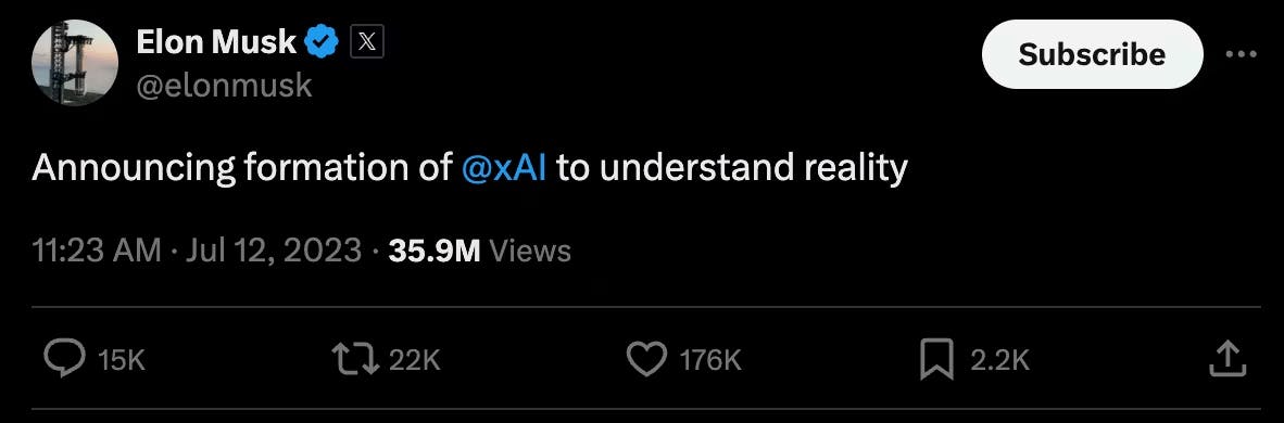 Elon Musk post announcing formation of xAI